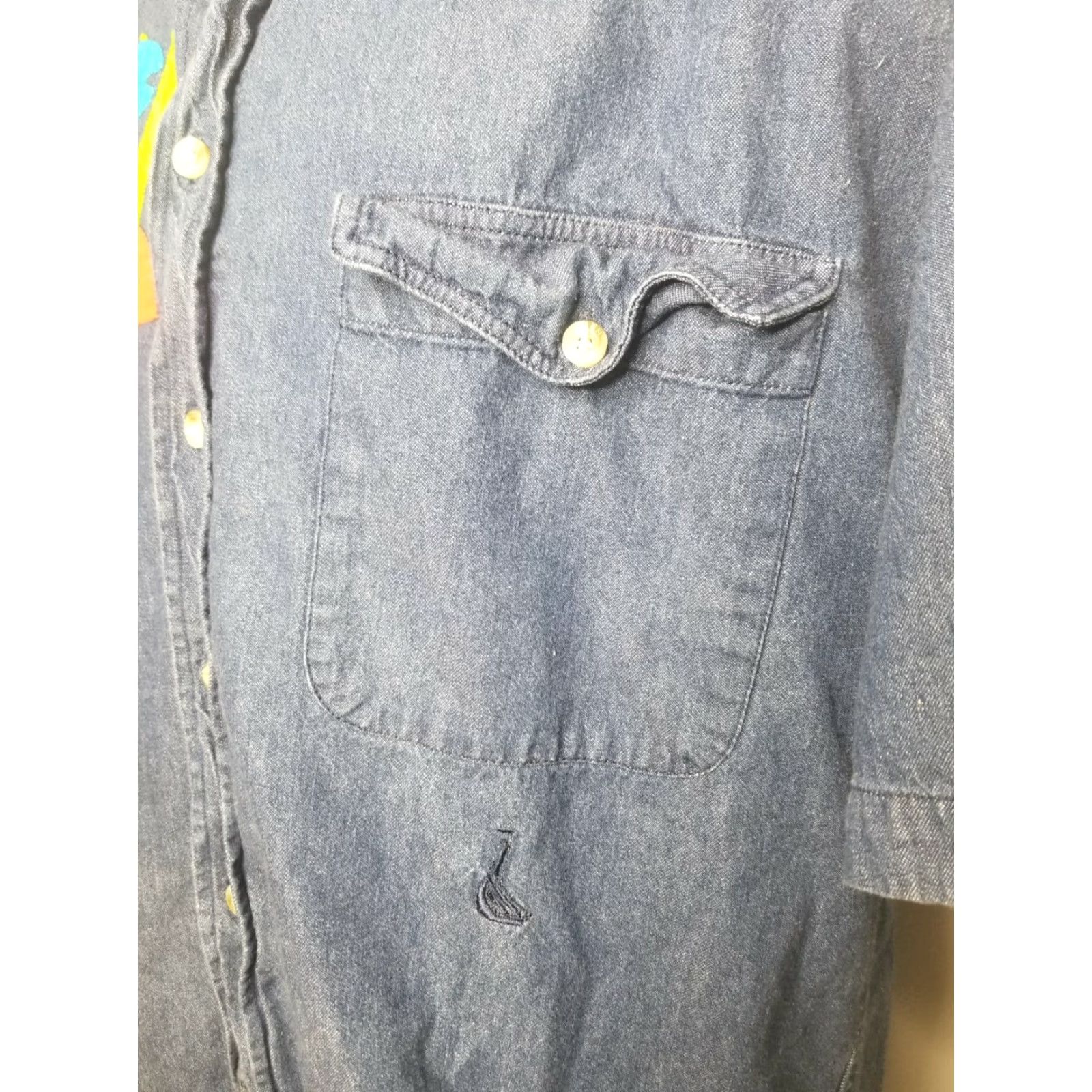 Vintage VINTAGE Oxygen Denim Shirt Mens L Wing Collar Embroidered Fish Button-Up 1990s Blue Short Sleeve 70s 80s 90s Mens Size L / US 10 / IT 46 - 5 Thumbnail