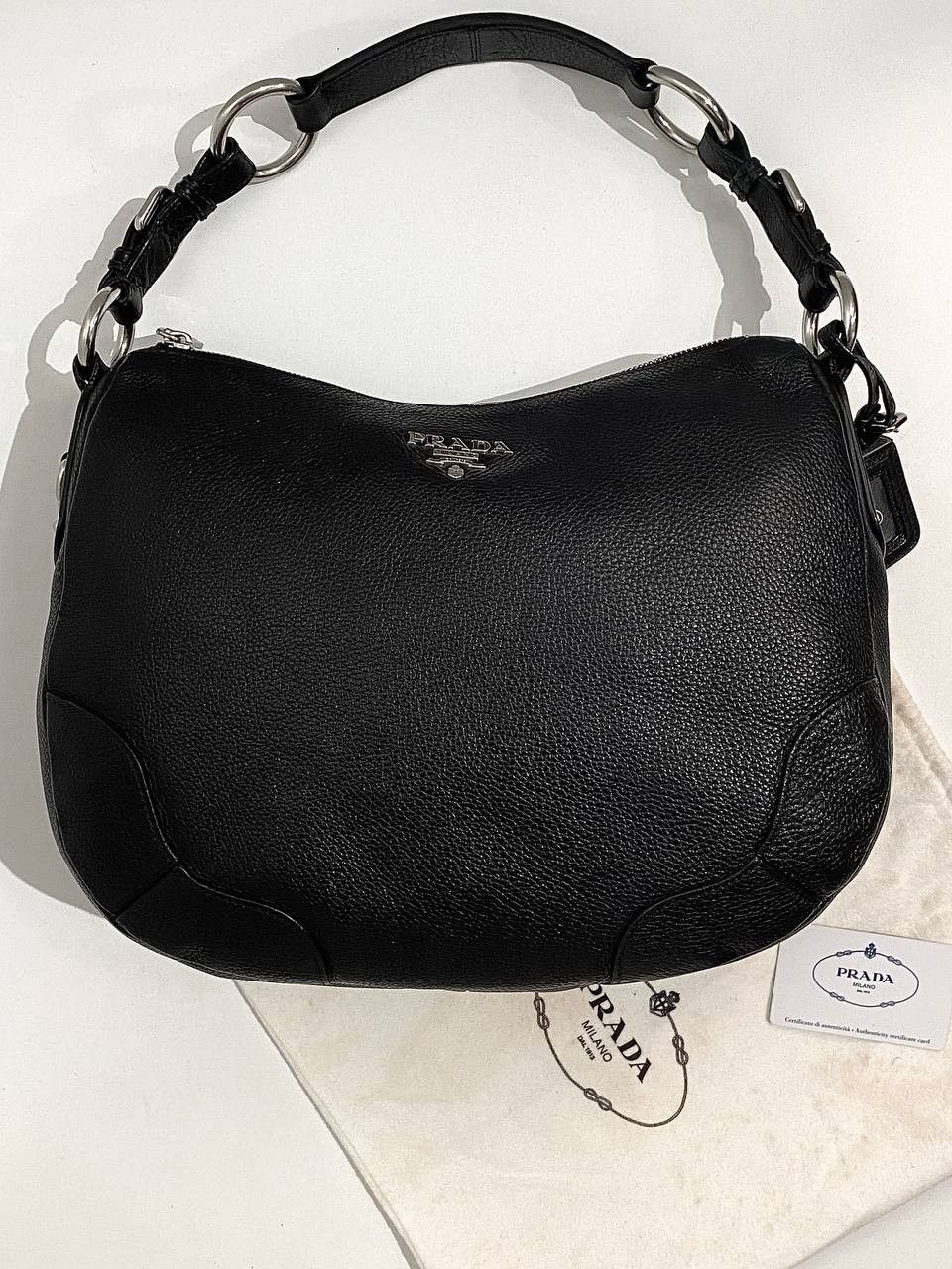 Prada Prada Logo Black Leather Vitello Daino Hobo Shoulder Bag Size ONE SIZE - 4 Thumbnail