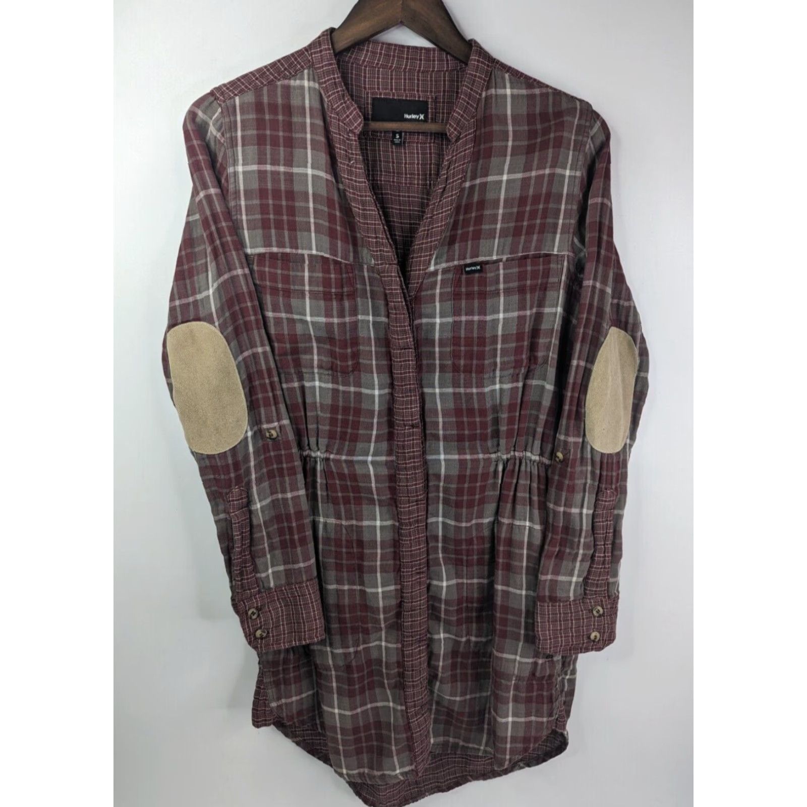 Hurley Hurley Dress Plaid Maroon Small w/Elbow Patches V-Neck Tunic Button Pockets Size S / US 4 / IT 40 - 2 Thumbnail