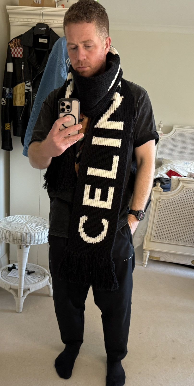 Celine $850 Celine black white logo scarf fringed in wool Sample Size ONE SIZE - 3 Thumbnail