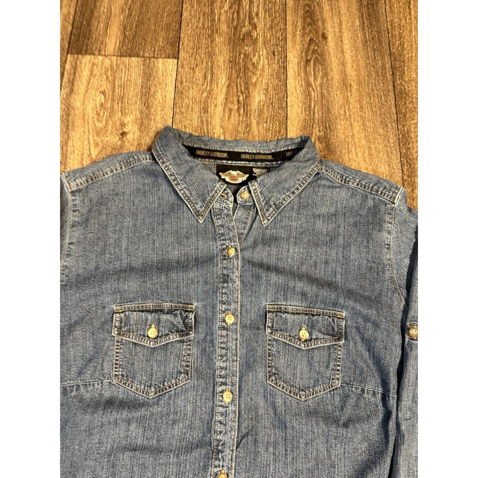 Harley Davidson Harley-Davidson Denim Jean Button-Up Shirt Women 1W Blue 24” Pit to Pit 27” Length (Regular) Size XS / US 0-2 / IT 36-38 - 2 Thumbnail