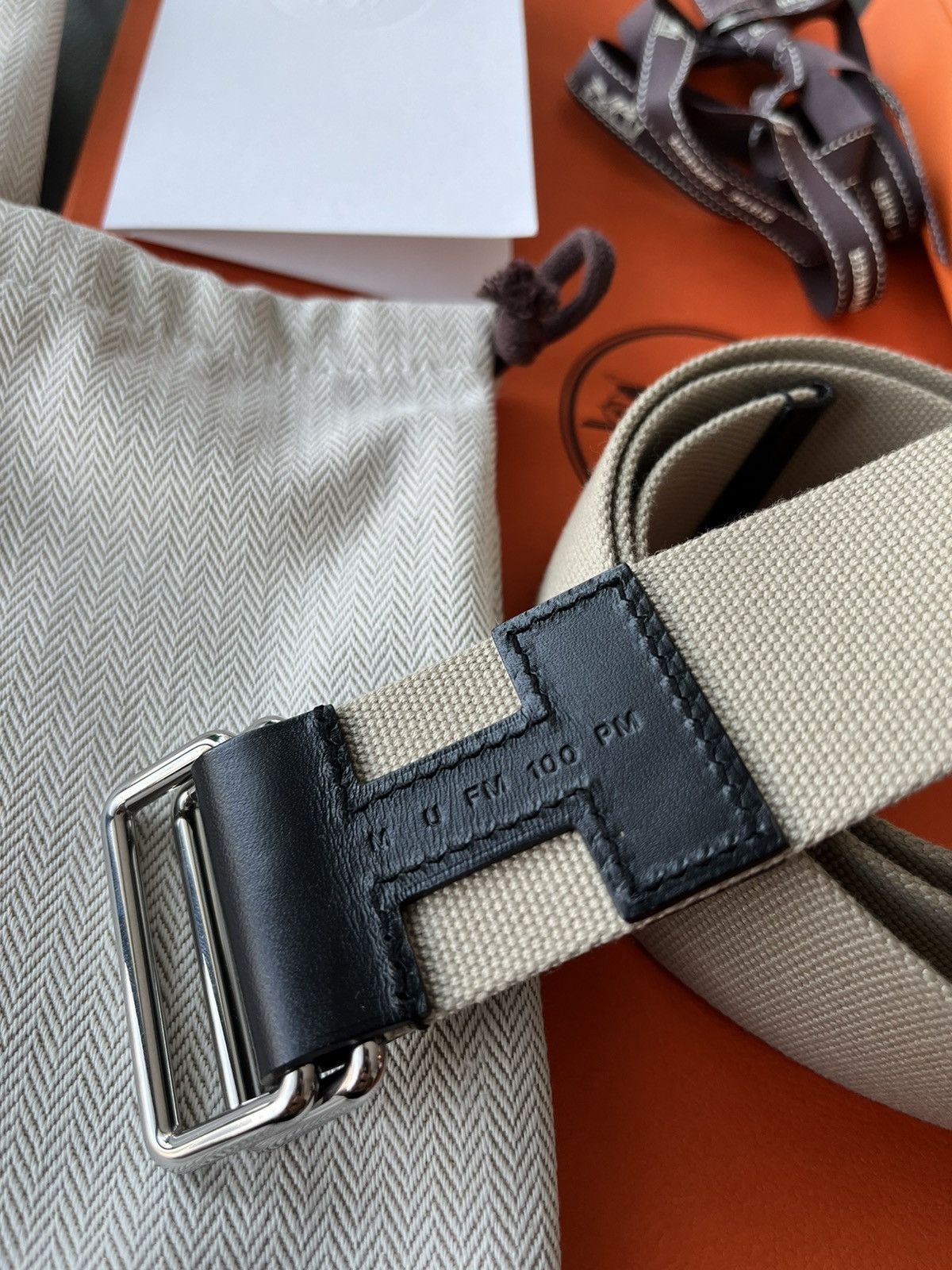 Hermes Limited Edition Hermes Brand New H Logo Leather Canvas Belt Size 34 - 9 Thumbnail