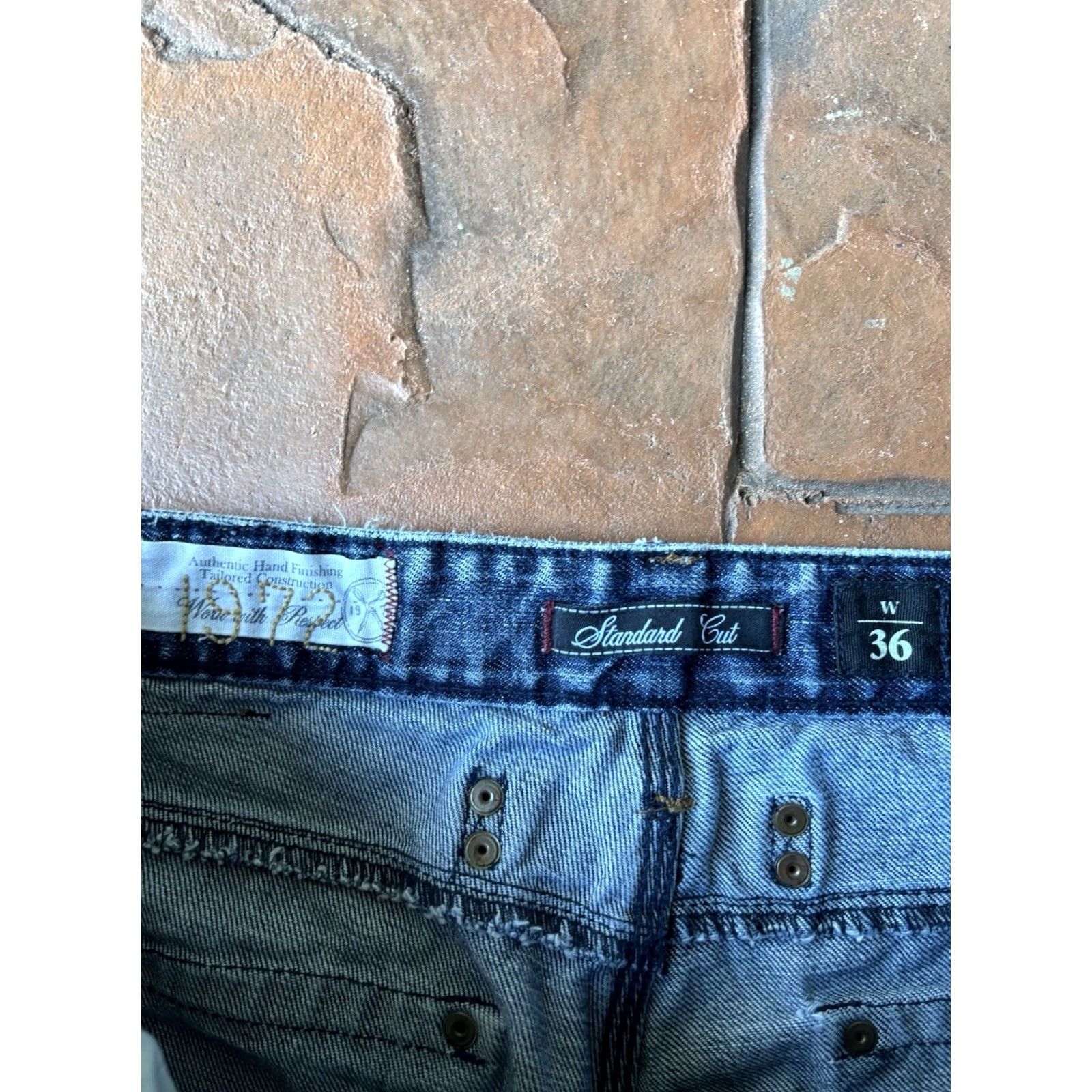 Marcs VINTAGE Marc Ecko Jeans 36x30 Regular 5-Pocket Denim Blue Cotton Embroidered Button Zip Distressed Stains Wide-Leg Men’s Clothing Size US 36 / EU 52 - 2 Thumbnail