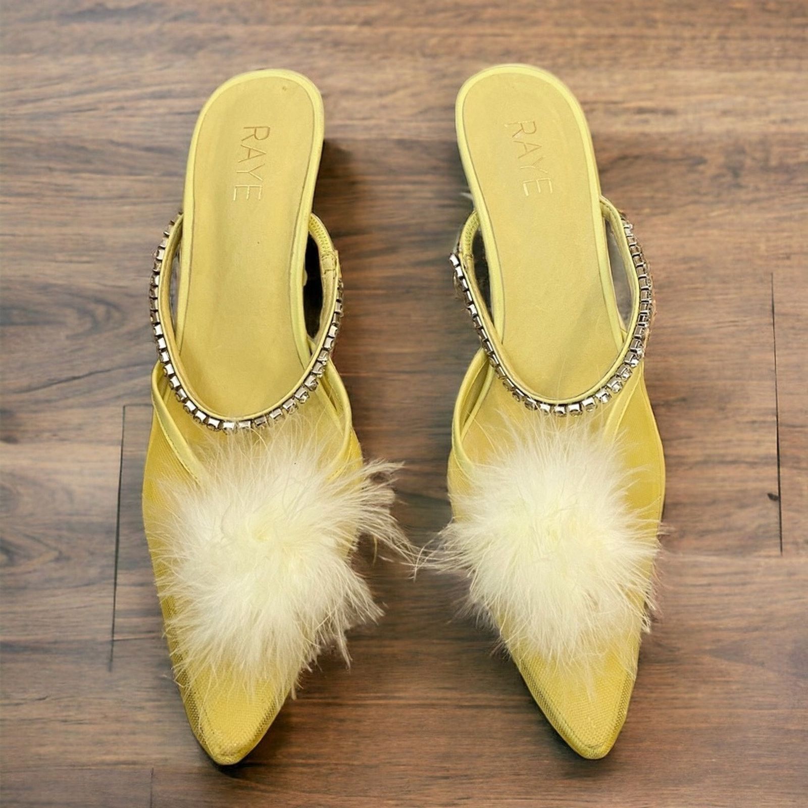 Designer RAYE Duke Heel Mesh Feather pompom Crystal Strap Yellow 9.5 Size US 9.5 / IT 39.5 - 7 Thumbnail