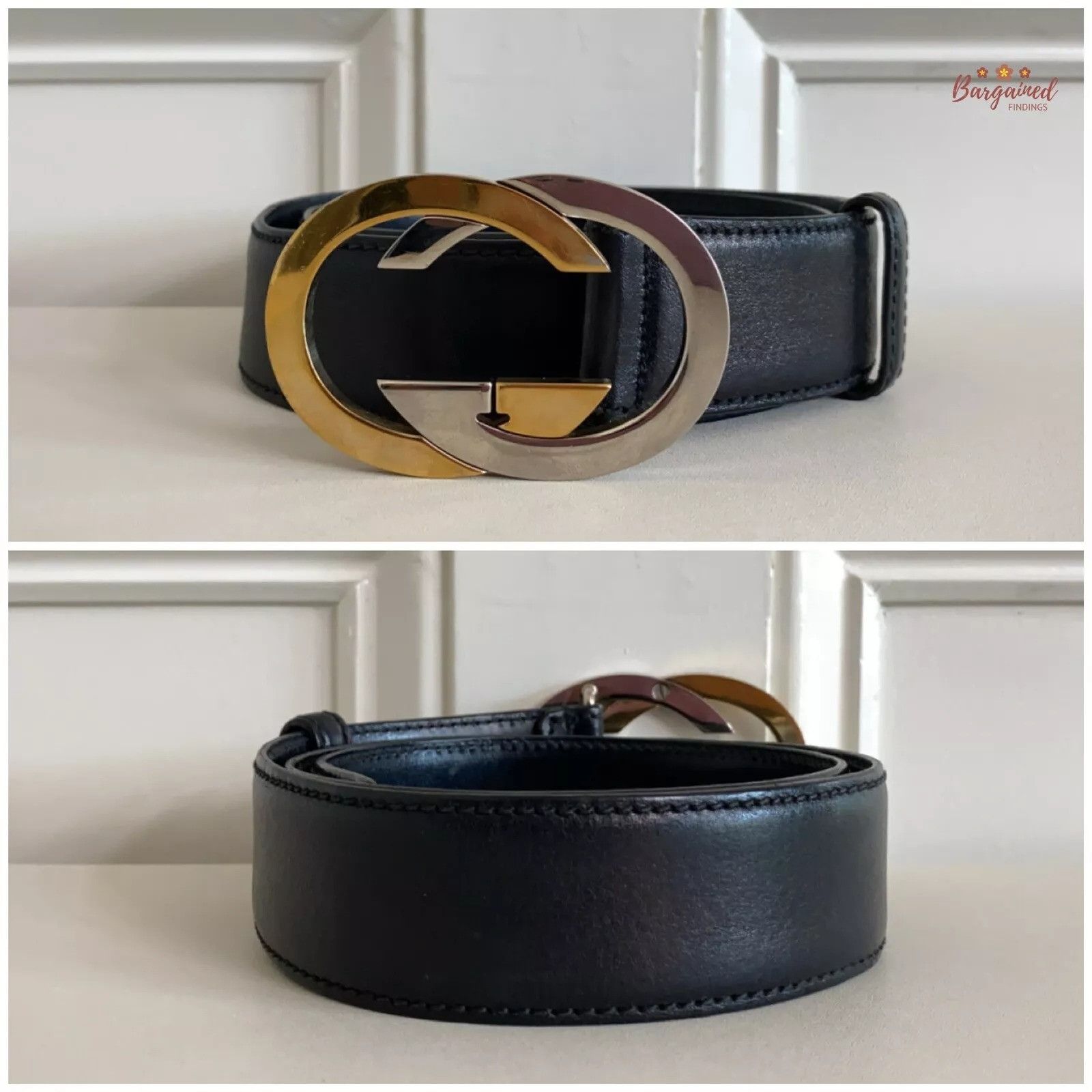 Gucci Gucci Black Leather Gold/Silver Interlocking G Buckle Belt Size 28 - 10 Thumbnail