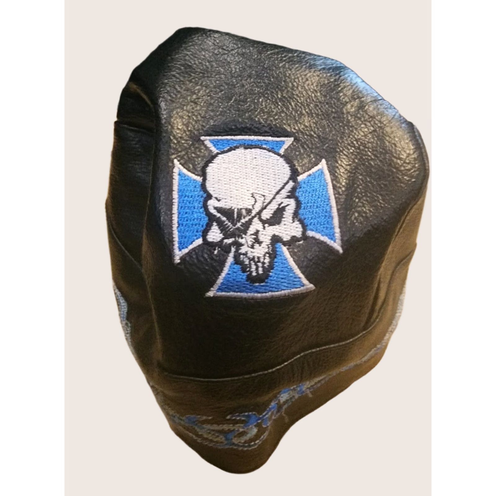 Vintage Chopper Wear Leather Skull Cap Men Black Embroidered Skull Hat One Size Men’s Skull Cap Black Leather Size ONE SIZE - 1 Thumbnail
