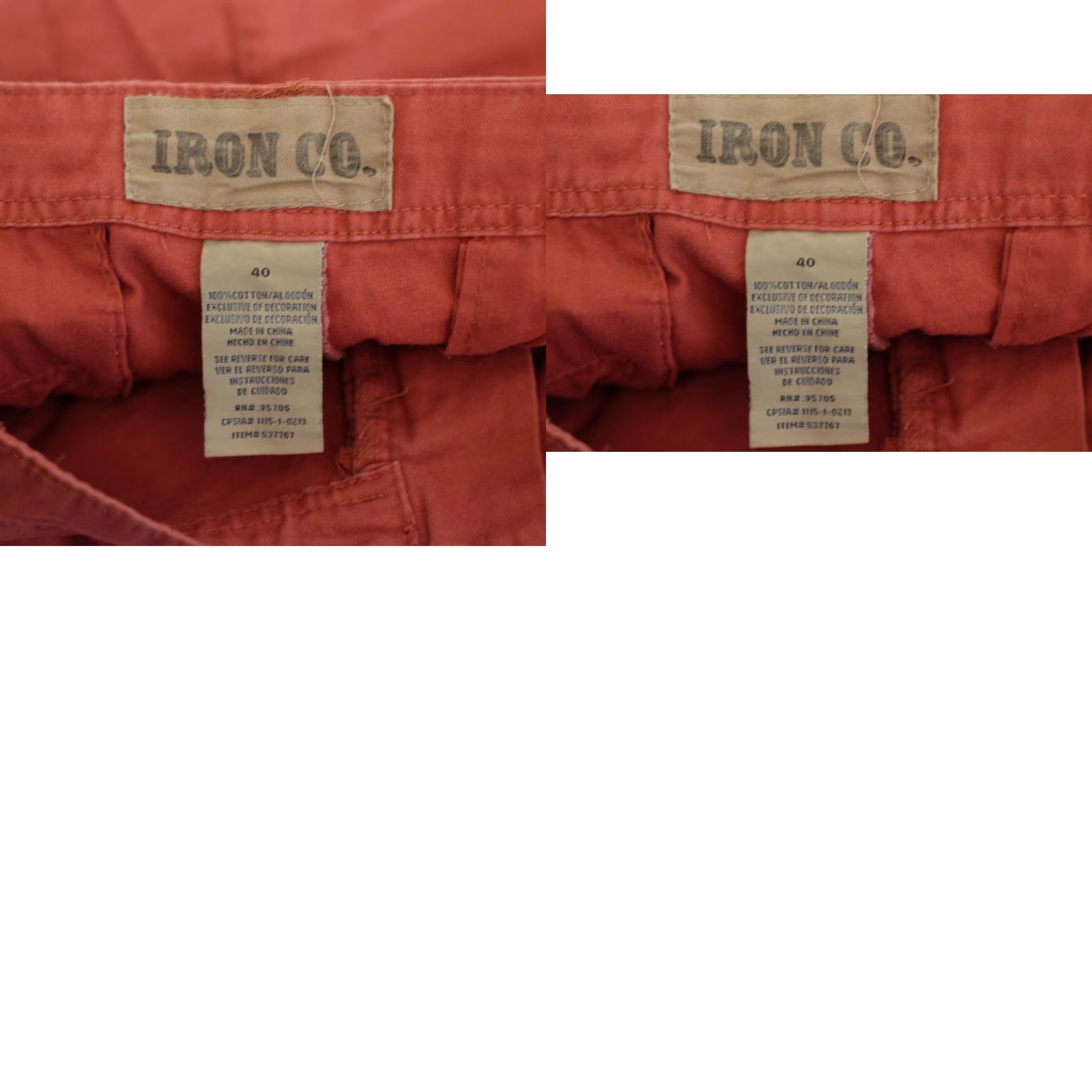 CO Iron Co Chino Shorts Mens 40 Red 100% Cotton Slash Pockets Belt Loops Size US 40 / EU 56 - 9 Thumbnail