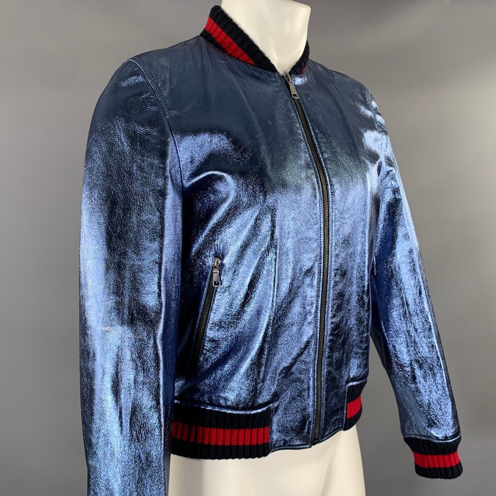 Gucci GUCCI Size 36 Blue Metallic Stripe Leather Bomber Jacket Size L / US 10 / IT 46 - 2 Thumbnail