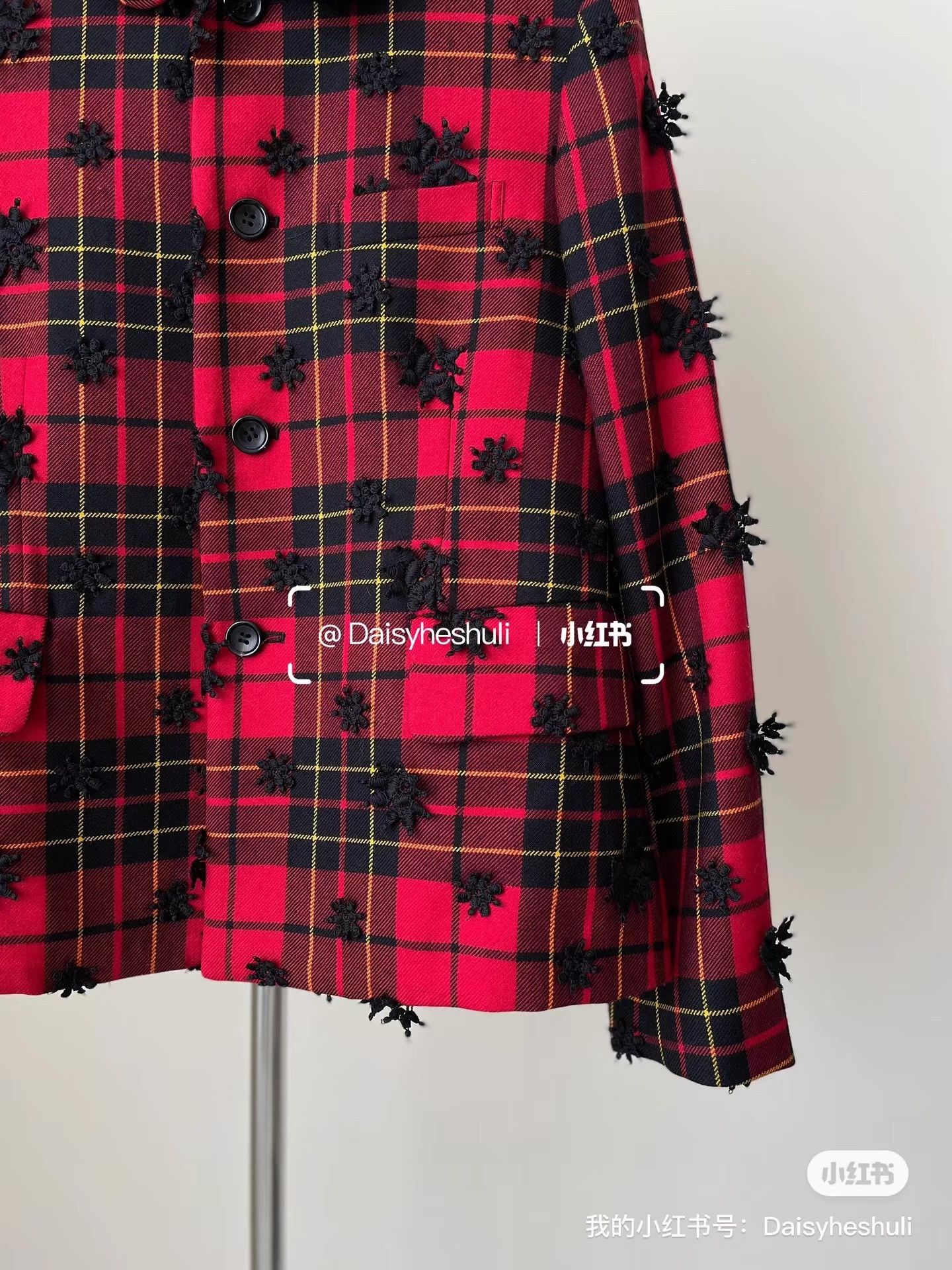 Comme des Garcons CDG Comcom Red Plaid Floral Embroidery Round Neck Blazer Ｑ24 Size XS / US 0-2 / IT 36-38 - 3 Thumbnail