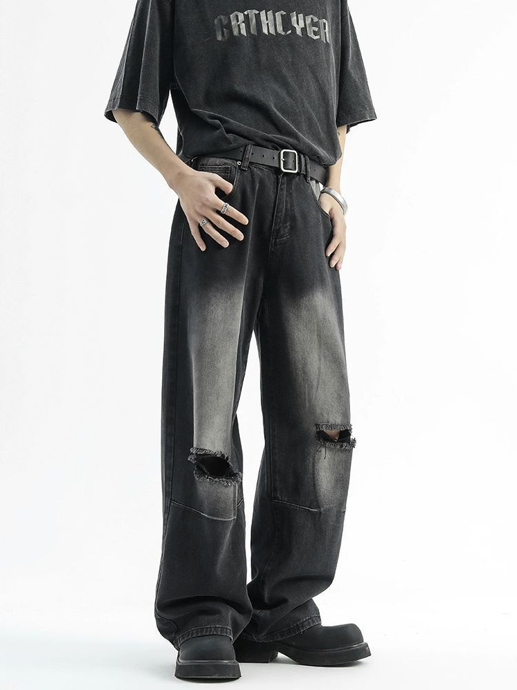 Japanese Brand Men's high street straight wide-leg washed distressed jeans Size US 32 / EU 48 - 3 Thumbnail