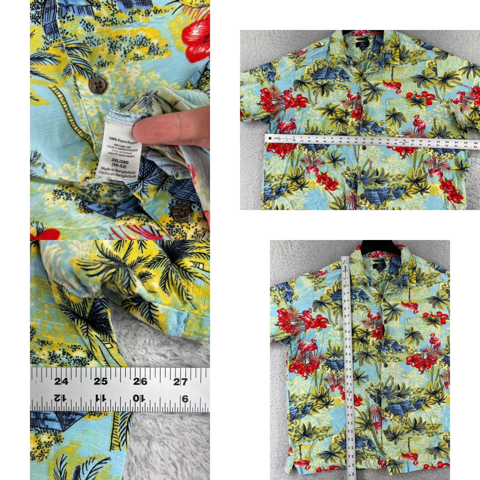 George George Men's Hawaiian Shirt 2XL Floral Palm Green Pink Button-Up Rayon Short Sleeve Classic Casual Hawaiian Theme 90s? Size US XXL / EU 58 / 5 - 8 Thumbnail