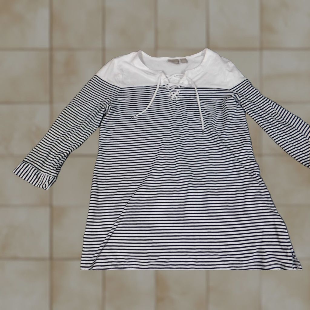 Vintage Chicos Blouse Size 1 Blue Womens Striped Pullover Stretch Top Cotton Modal Rayon Crew Neck Regular Fit Button Shirts Women Size XS / US 0-2 / IT 36-38 - 1 Thumbnail