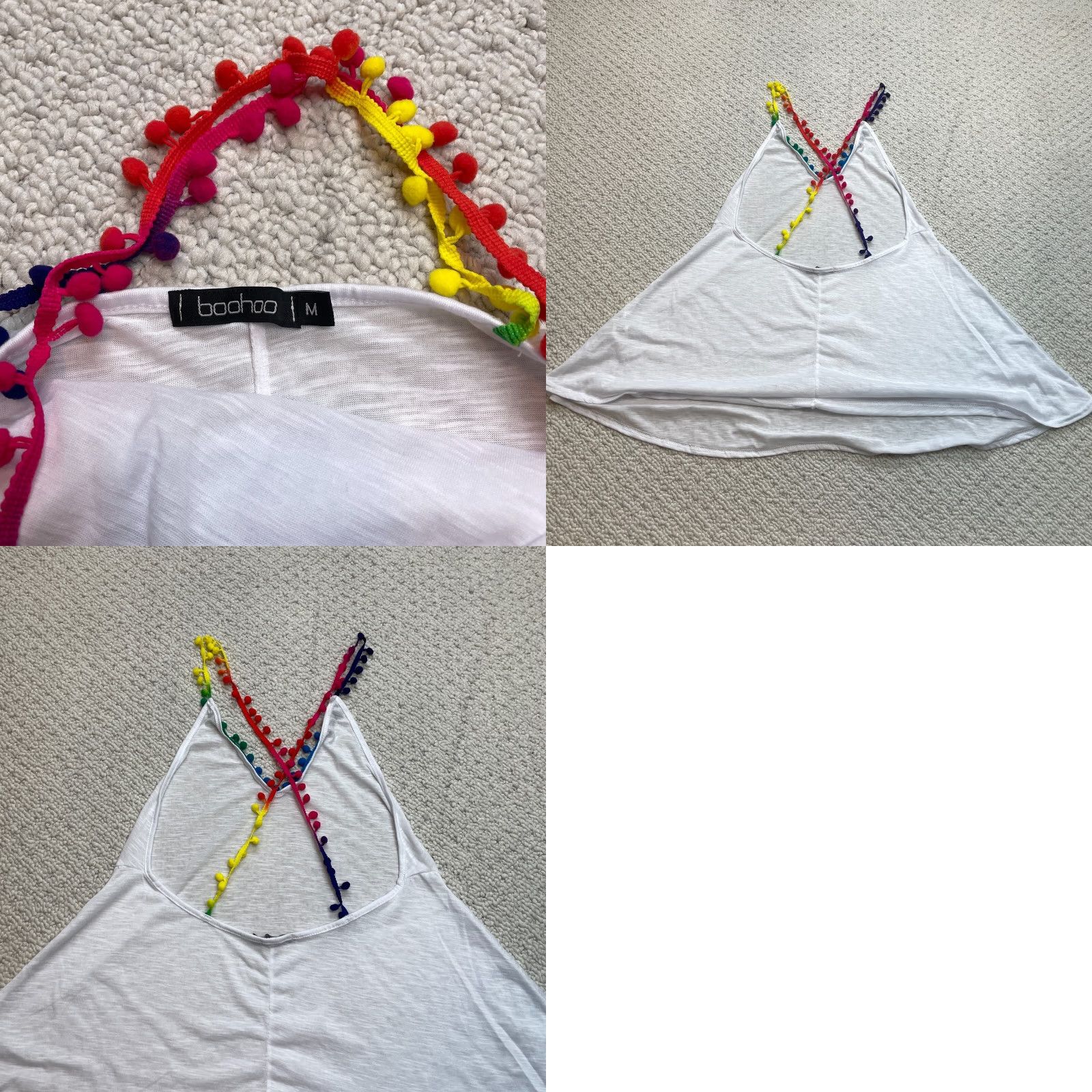 Boohoo Boohoo Tank Top Shirt Womens M White with Colorful Straps Backless Soft Cropped Spaghetti Strap V-Neck Sleeveless Casual Size M / US 6-8 / IT 42-44 - 8 Thumbnail