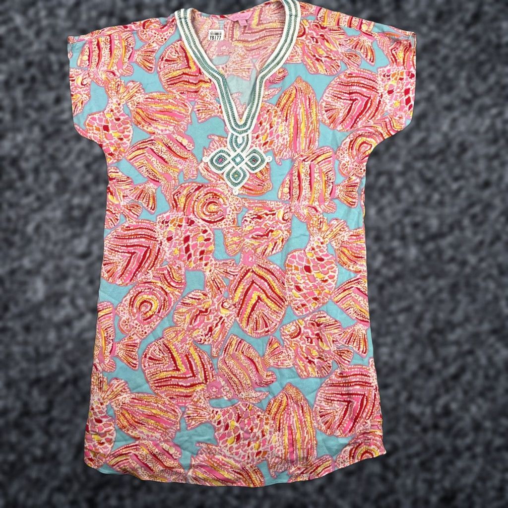 Lilly Pulitzer Lilly Pulitzer Dress Womens Medium Blue Pink Fish Print Beaded Tunic Coverup Dress Size M / US 6-8 / IT 42-44 - 1 Thumbnail