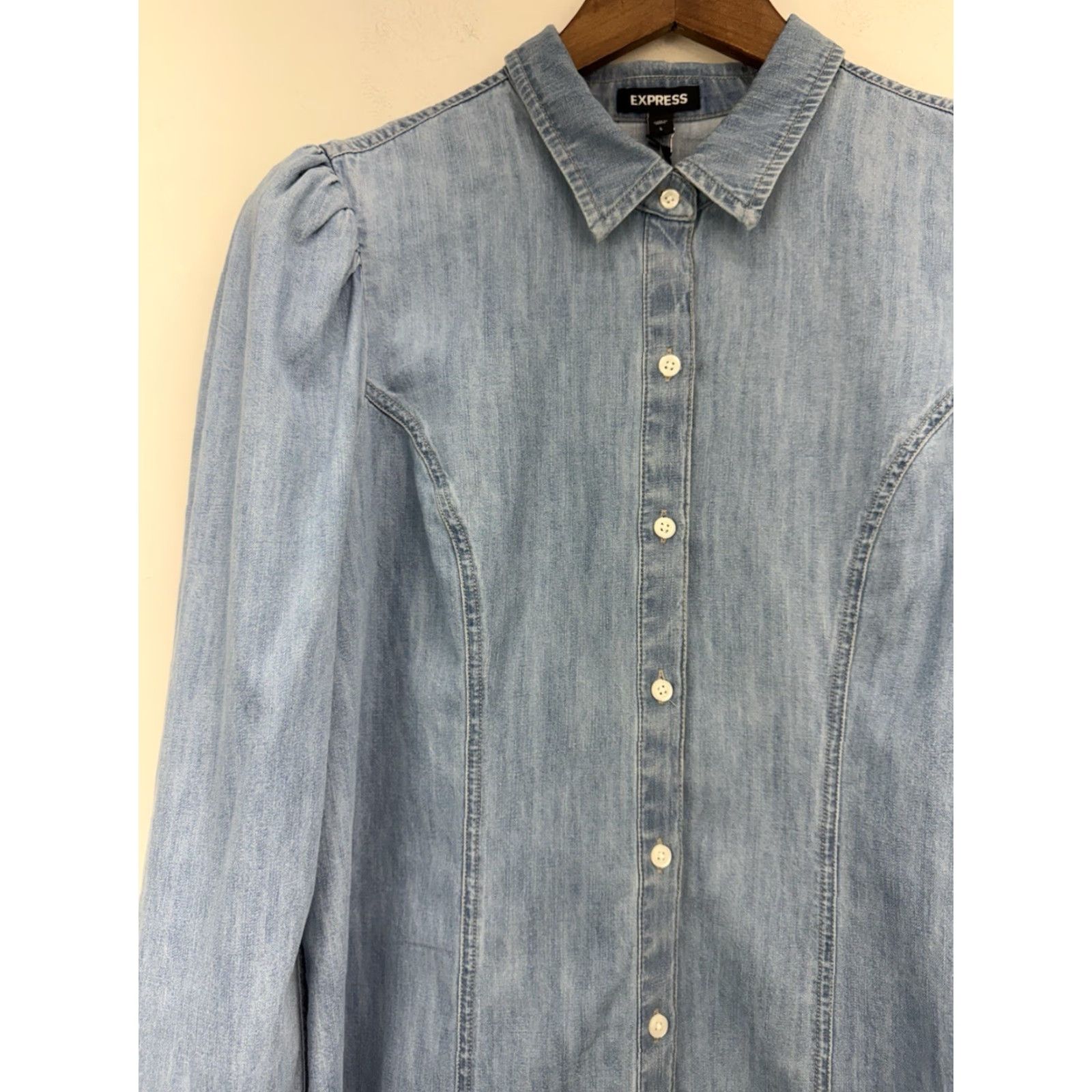 VINTAGE Express Women's Denim Shirt Dress Long Puff Sleeve Mini