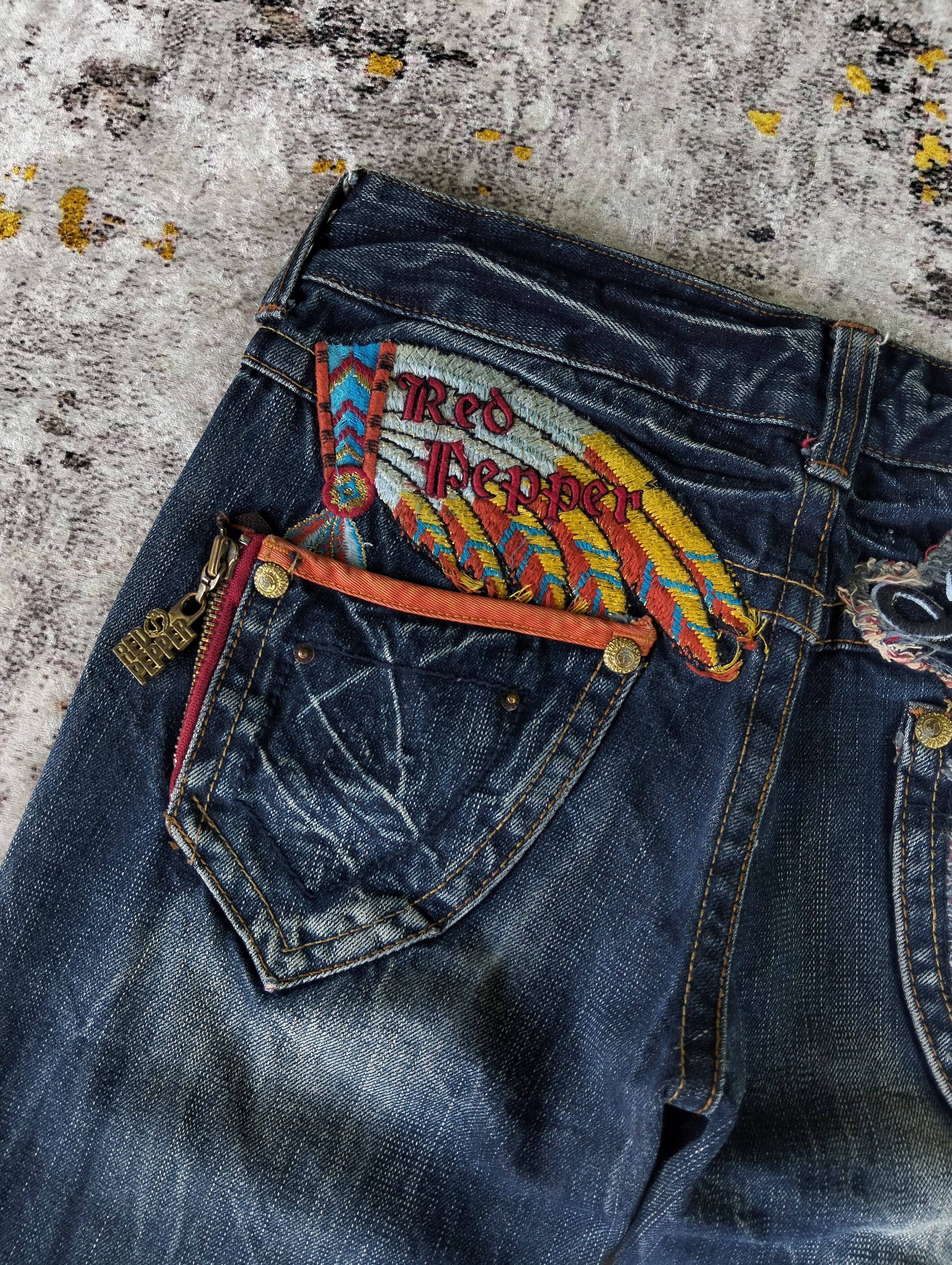 Tornado Mart Japanese Red Pepper Flared Embroidered Indian Low Rise Jeans Size US 28 / EU 44 - 10 Thumbnail