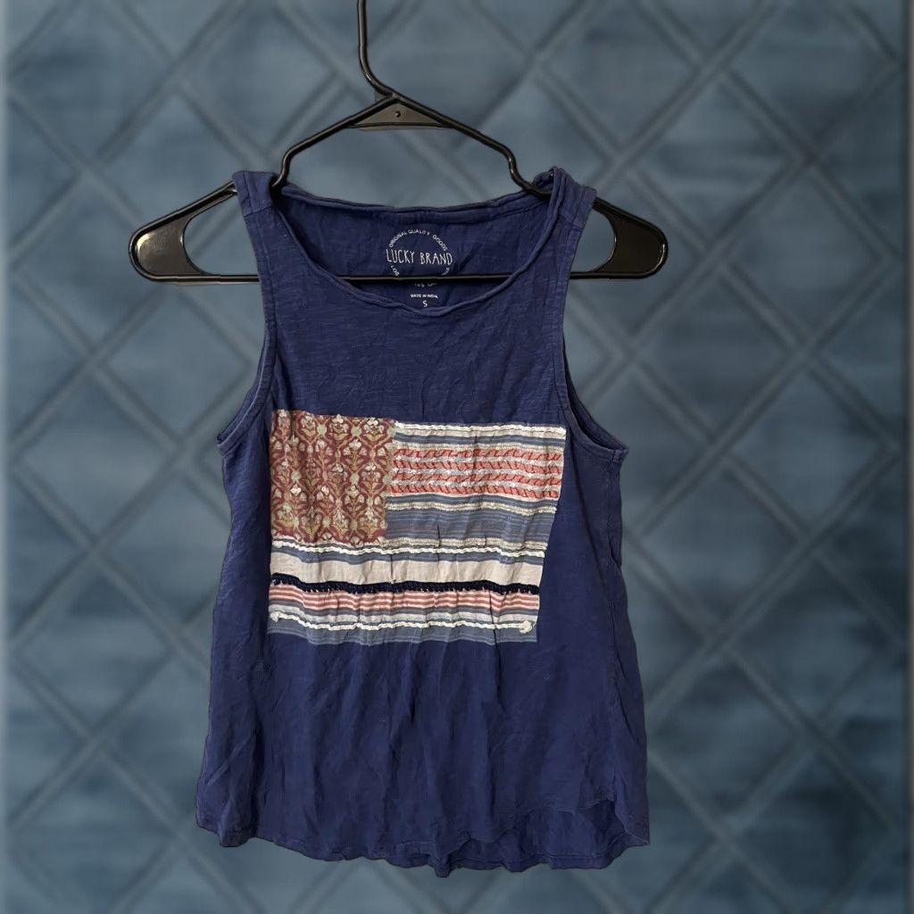 Lucky Brand Lucky Brand Tank Top Women Sleeveless Embroidered & Sequin Rug Flag 100% Cotton Size S Blue Polo Crew Neck Casual Shirt - Ladies Size S / US 4 / IT 40 - 1 Thumbnail