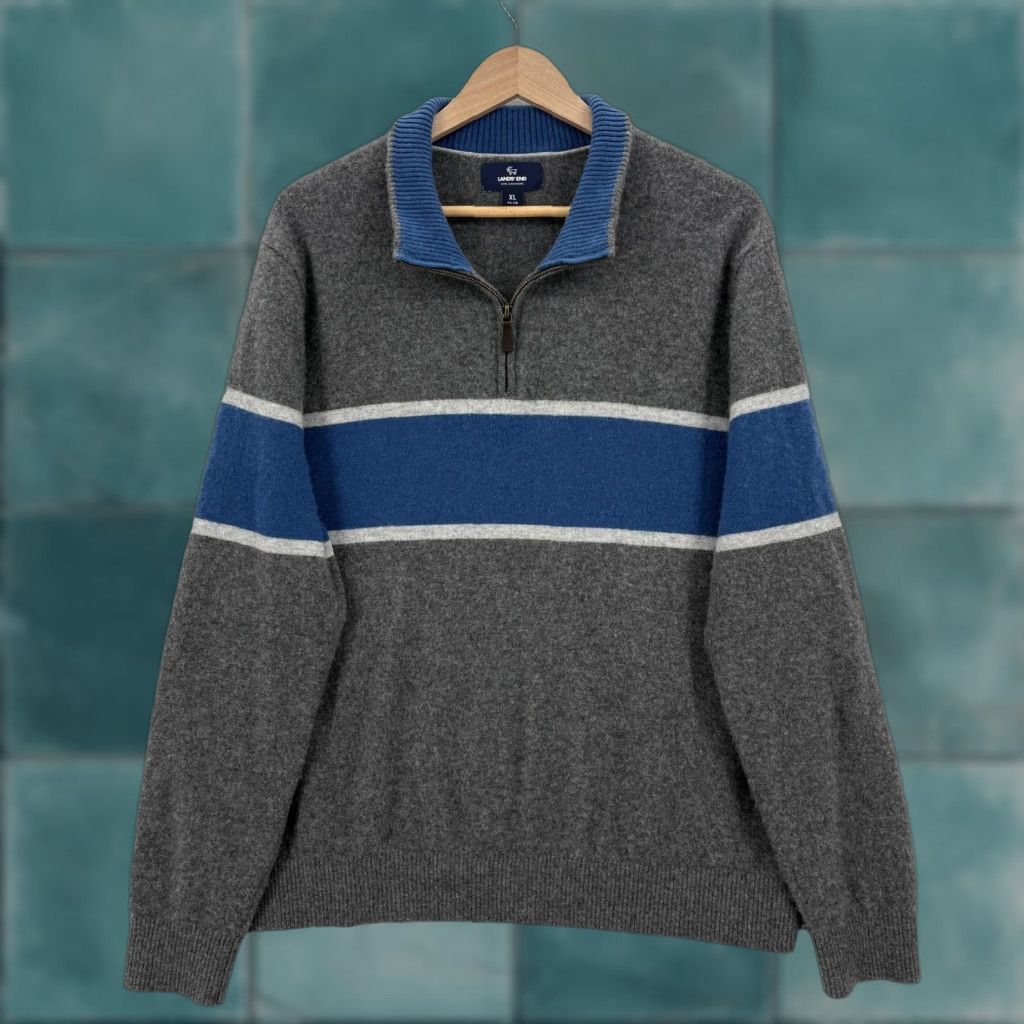 Lands' End Lands' End Sweater Mens XL Gray 1/4 Zip Mock Neck Striped Knit Cashmere Cozy Regular Fit People - Note: Original includes Leather; Kay. Size US XL / EU 56 / 4 - 1 Thumbnail