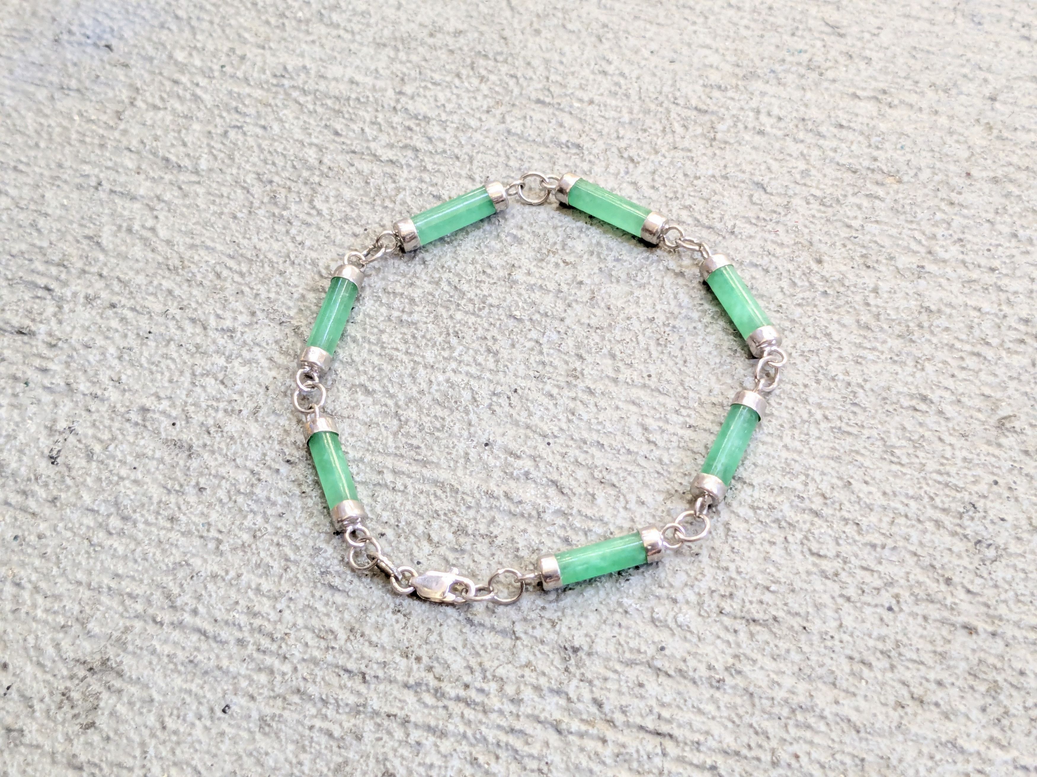 Vintage Sterling Silver Bracelet Jade Tennis Cylinder 7.25