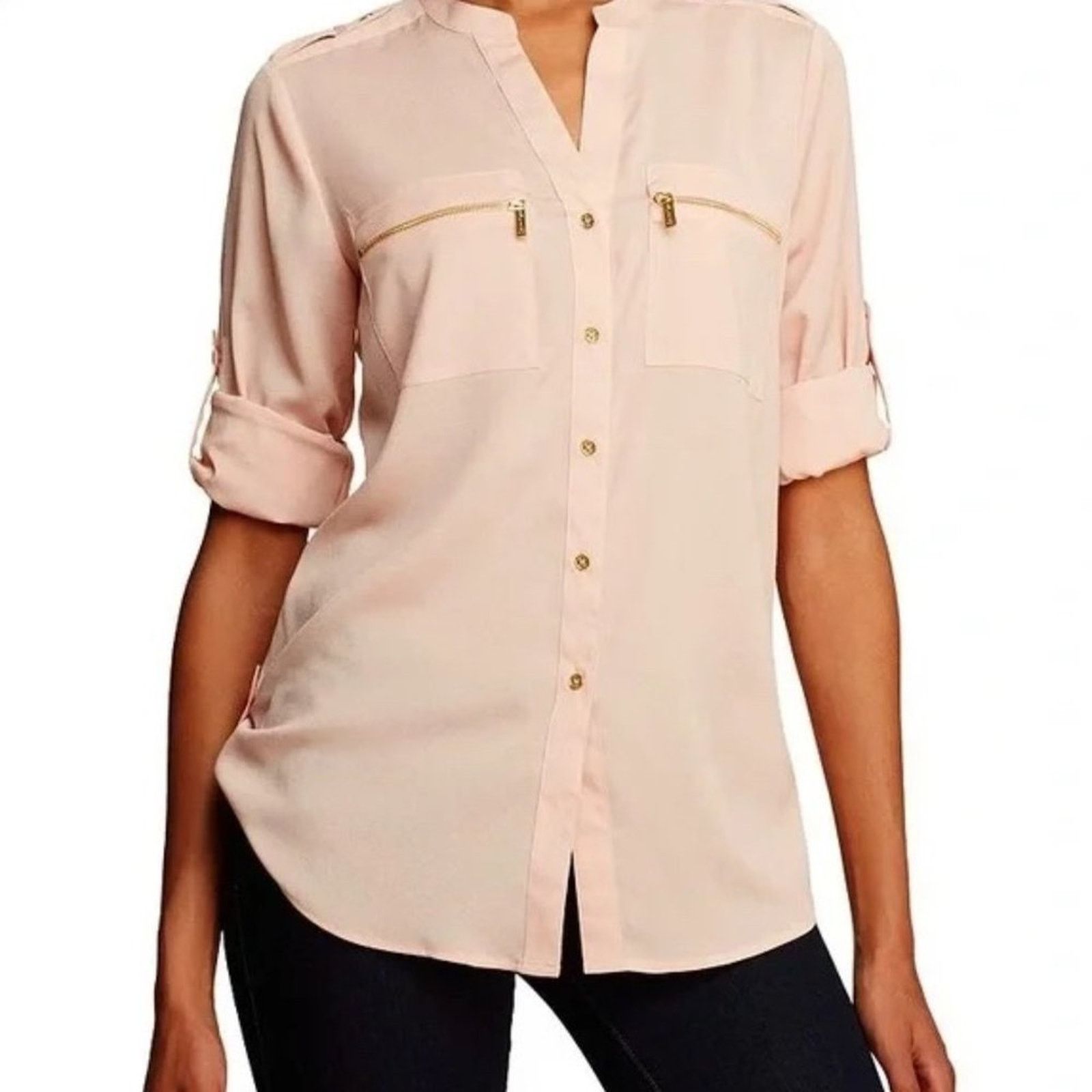 Calvin Klein CALVIN KLEIN Peach Roll-Tab Sleeve Blouse Sz L Size L / US 10 / IT 46 - 1 Thumbnail
