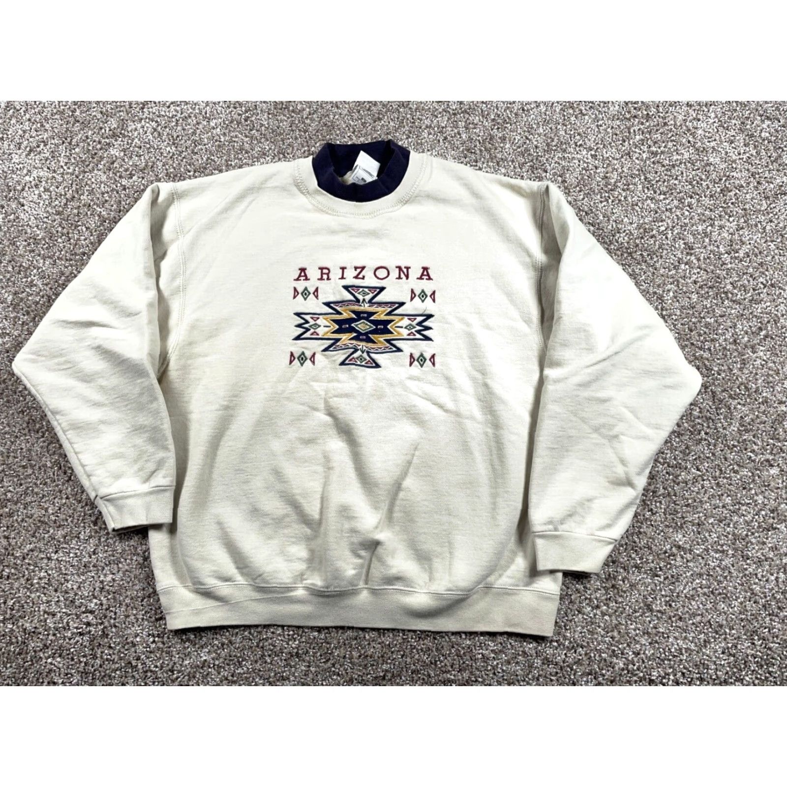 Fruit Of The Loom VINTAGE Fruit of the Loom Sweatshirt Arizona Embroidered Mock Neck Adult Large Beige 90s Southwestern City Tribal Retro Mens Size US L / EU 52-54 / 3 - 2 Thumbnail
