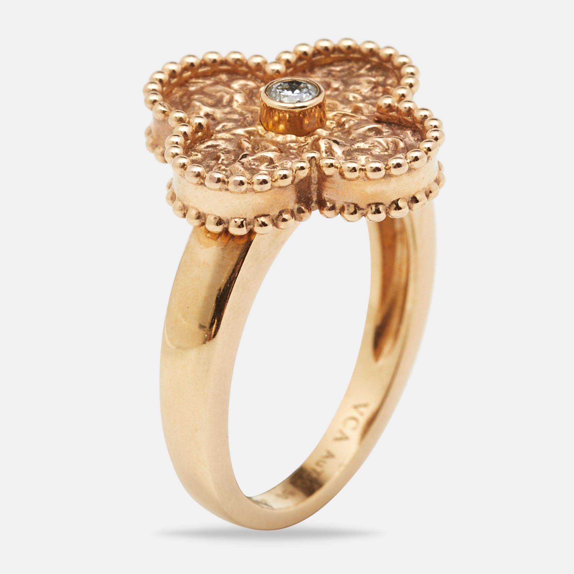 image of Van Cleef Arpels Van Cleef & Arpels Vintage Alhambra Diamond Textured 18K Rose Gold Ring Size 50, W
