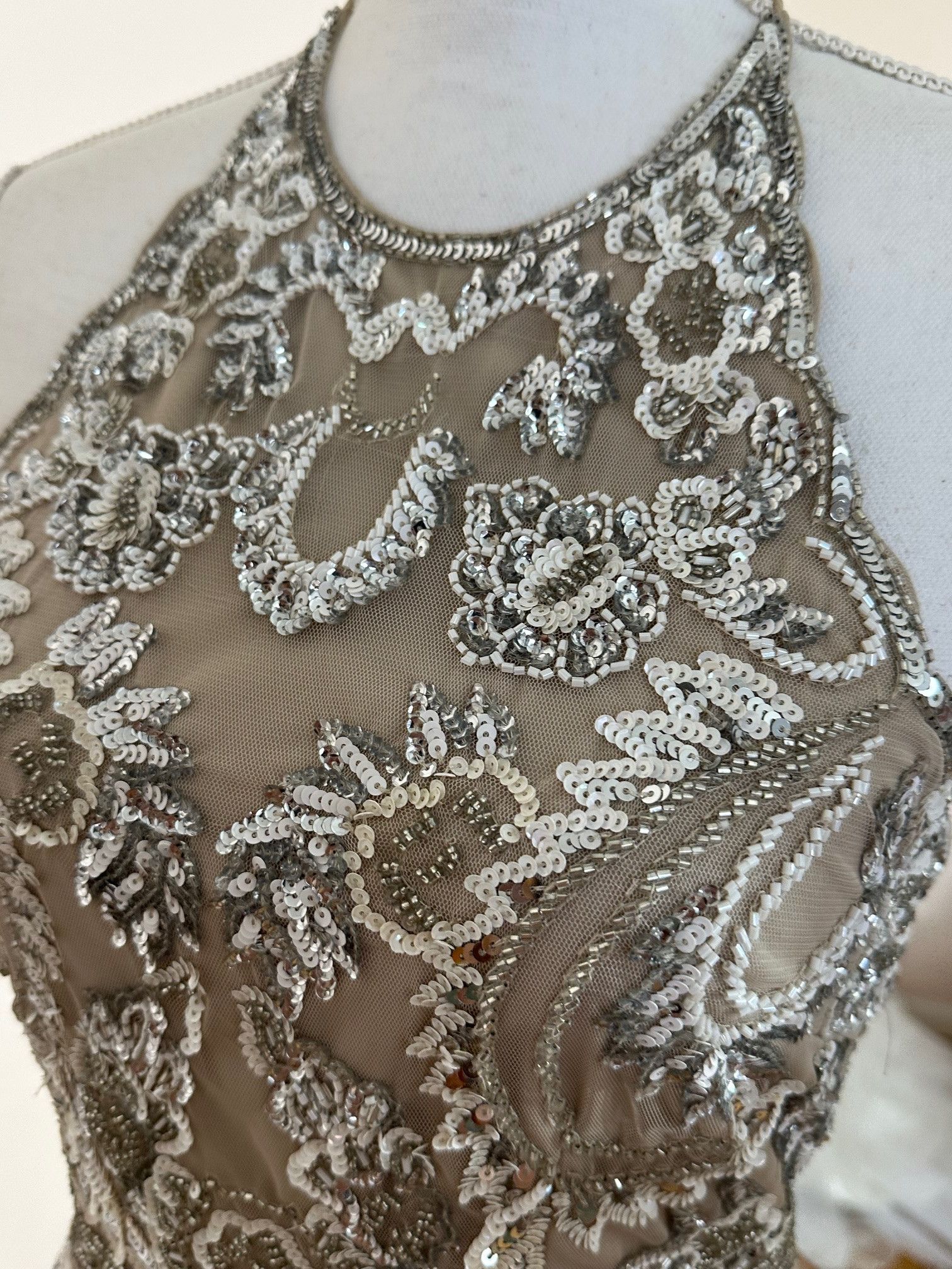 Adrianna Papell Beige Net with Silver Sequin and Beaded tie back dress Size XS / US 0-2 / IT 36-38 - 5 Thumbnail