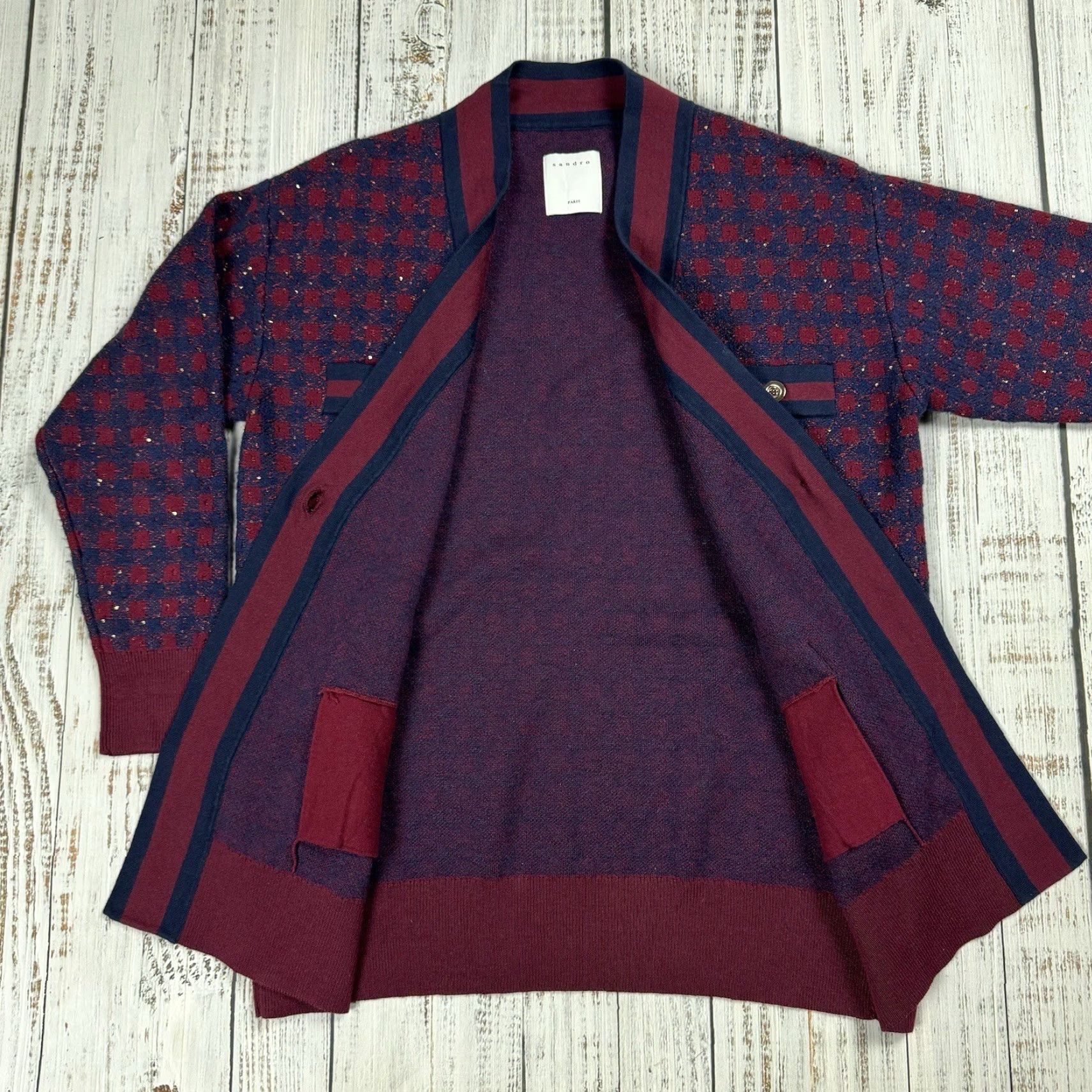 Sandro Sandro Cardigan WOMENS V-NECK CHECKED W/SEQUINS MARINE BORDEAUX PREPPY Size ONE SIZE - 6 Thumbnail