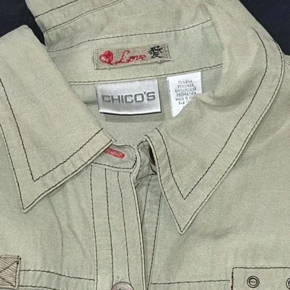 Chicos CHICOS Size Large Olive Green Short Bomber Jacket Linen Sil Size L / US 10 / IT 46 - 4 Thumbnail