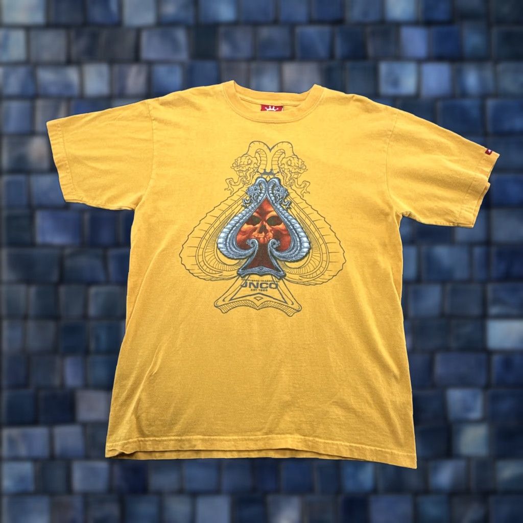 Vintage Vintage USA JNCO Shirt Men's Large Yellow Short Sleeve Spade Snakes Skull Double sided Size US 33 - 1 Thumbnail