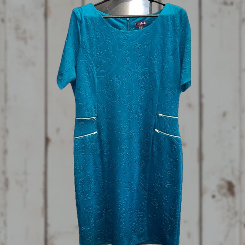 Vintage VINTAGE Long Tall Sally TURQUOISE Blue Floral Embossed Zipper Accents Short Sleeve Sz 16 Size 38" / US 16 / IT 52 - 1 Thumbnail