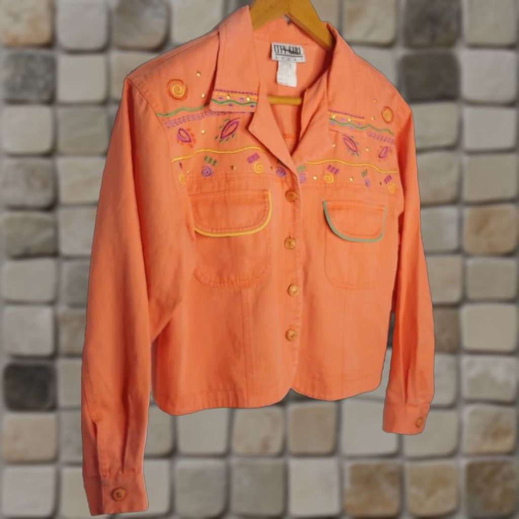 Vintage VINTAGE City Girl Sport Jacket Women 16 Cropped Canvas Embroidered Salmon 1980s Retro Size XXL / US 16-18 / IT 52-54 - 1 Thumbnail