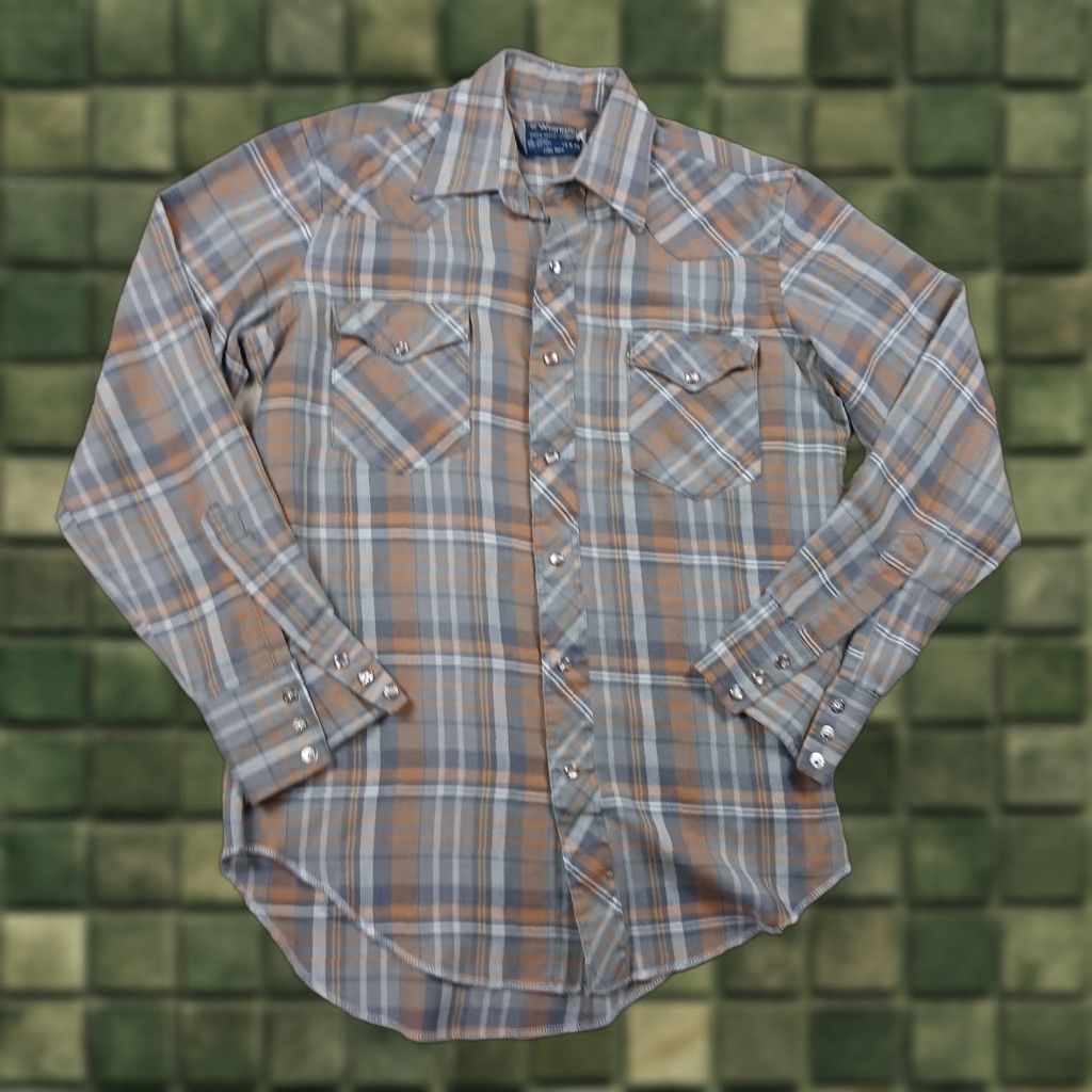 Wrangler VINTAGE Wrangler Pearl Snap Shirt Mens 15 Small Brown Plaid Long Tails 80s Size US S / EU 44-46 / 1 - 1 Thumbnail