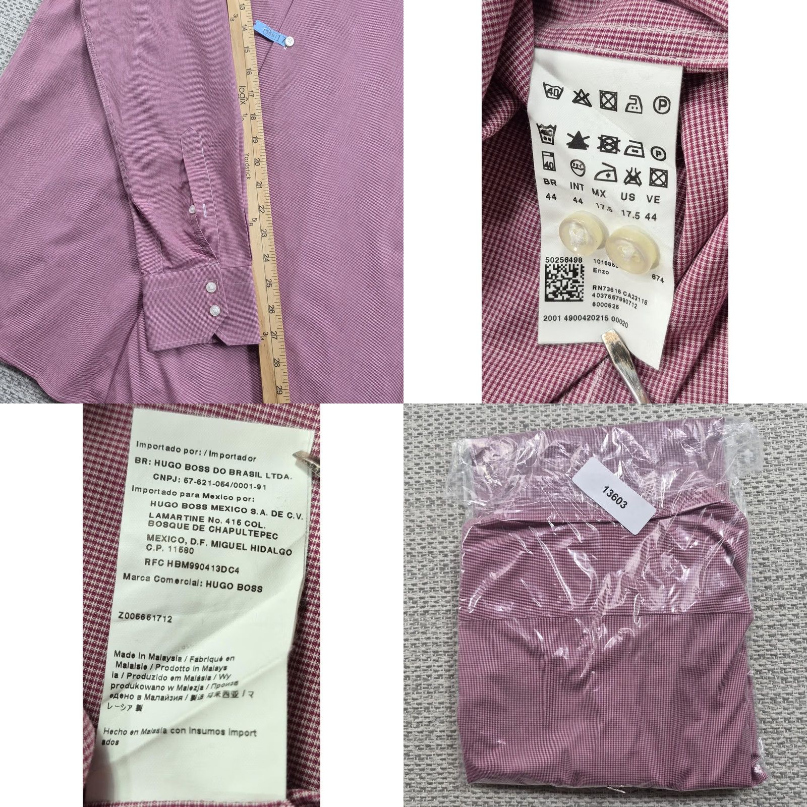 Hugo Boss HUGO BOSS Dress Shirt Mens 17.5 34/35 Pink Check Cotton Long Sleeve Button Up Shirt Size 48R - 9 Thumbnail