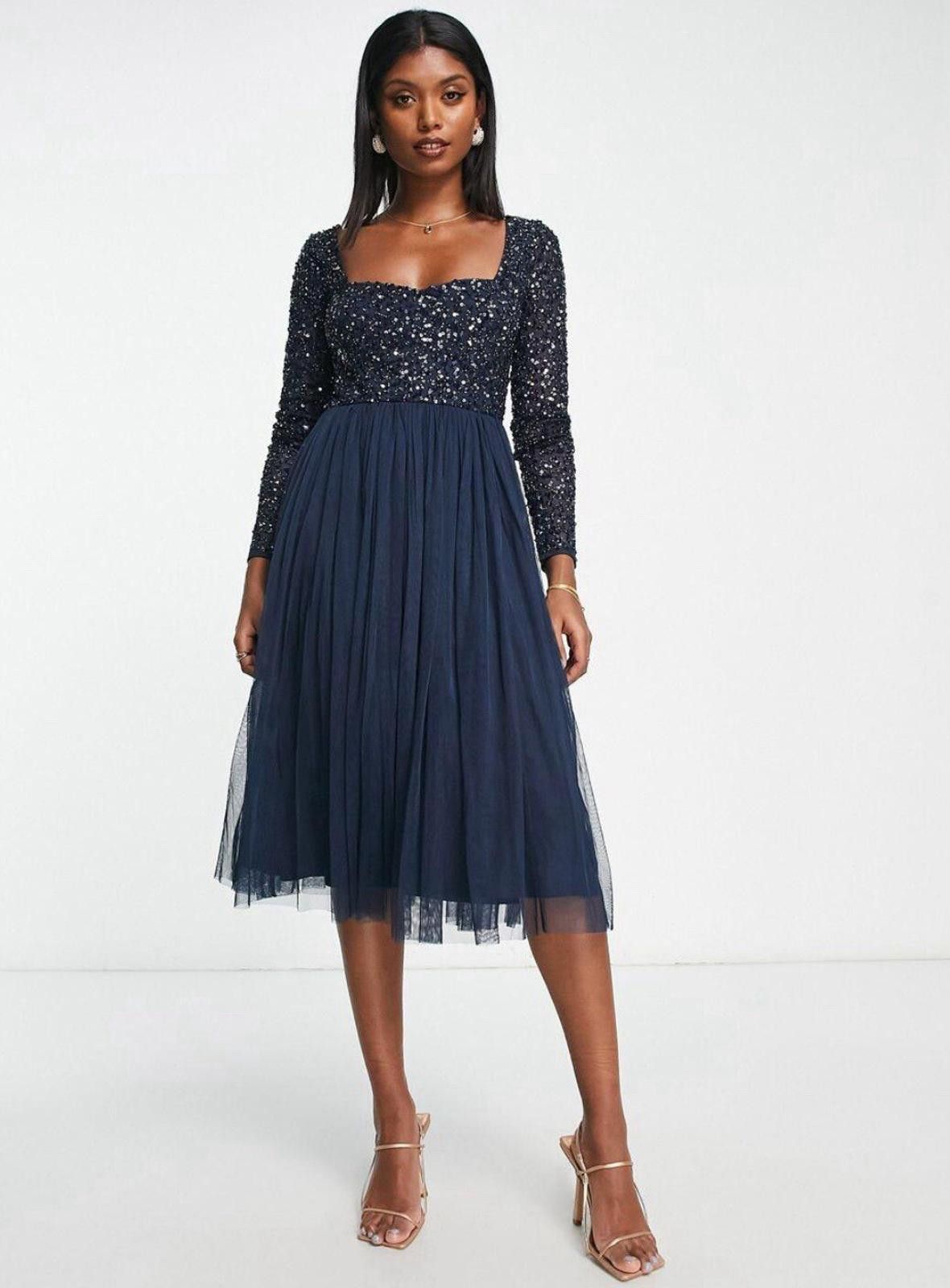 Issey Miyake Maya Bridesmaids long sleeve midi dress navy blue UK 8 NEWs Size S / US 4 / IT 40 - 5 Thumbnail