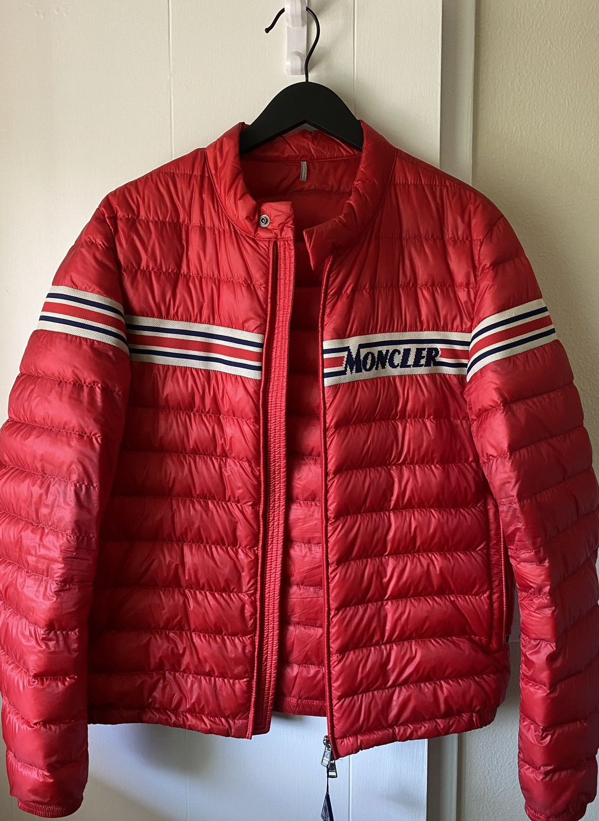 image of Moncler Striped Puffer Coat in Red, Men's (Size XL)