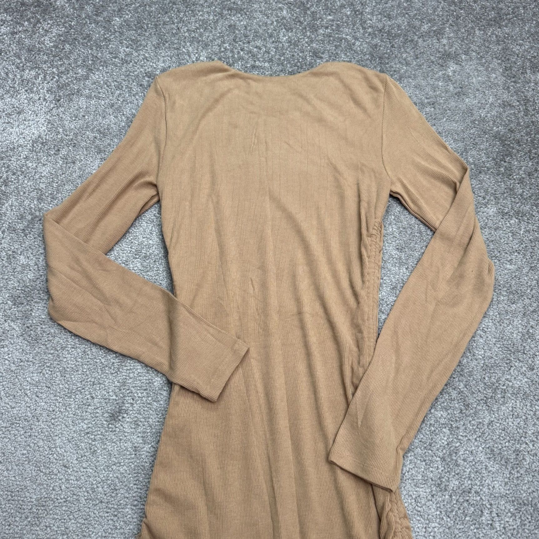 Vintage Hello Molly Dress Womens Medium Tan Brown Ribbed Knit Bodycon Ruched Midi NWT Size M / US 6-8 / IT 42-44 - 4 Thumbnail