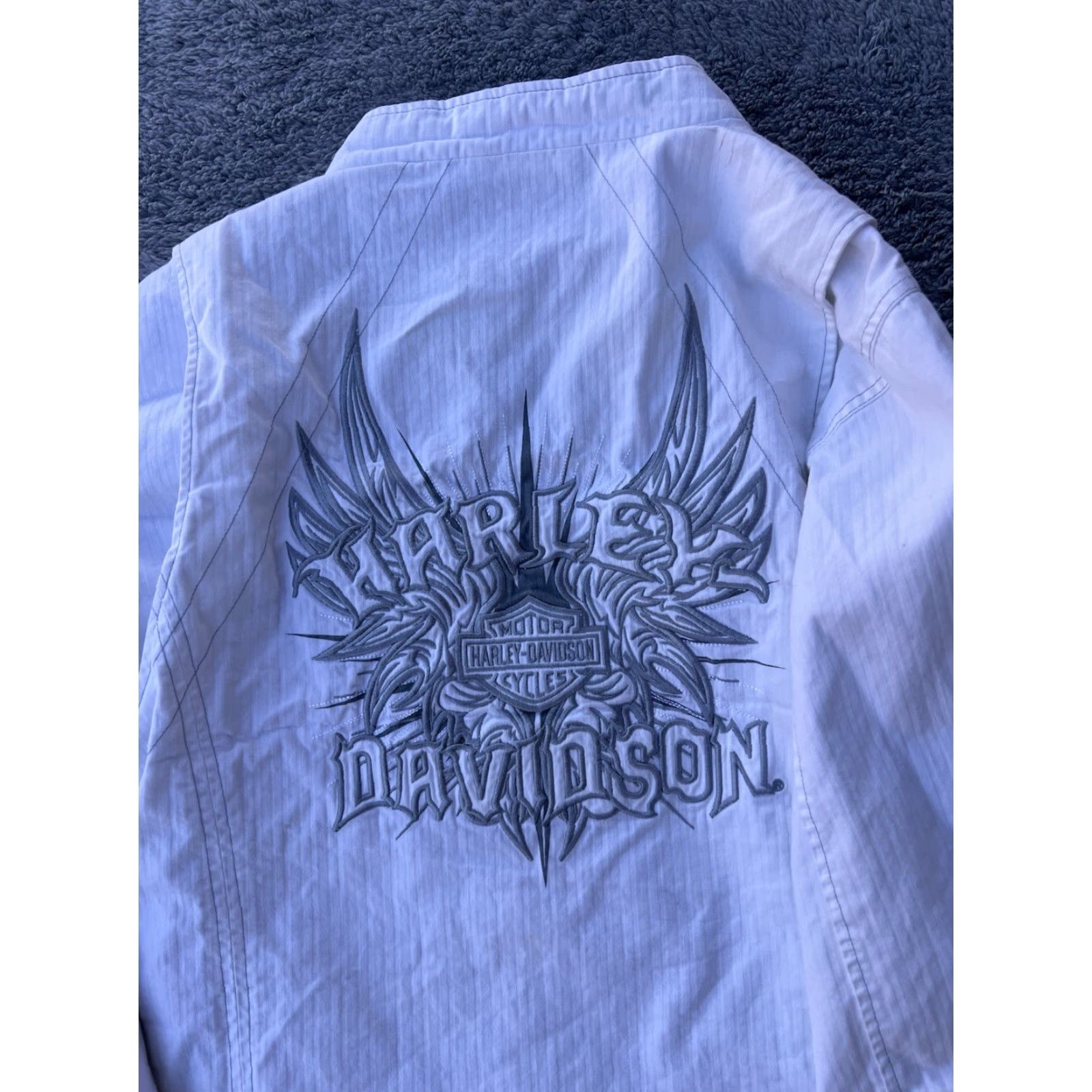 VINTAGE Harley-Davidson Jacket M Women White Cotton Polyester Lining Biker Logo Cropped Style HD Textured Logo
