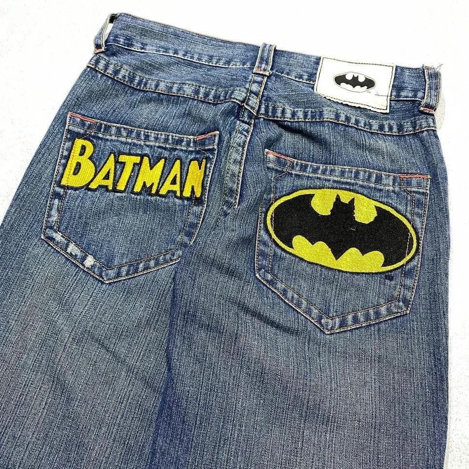 image of Leather Hip Hop Retro Bat Pattern Blue Jeans, Men's (Size 30)