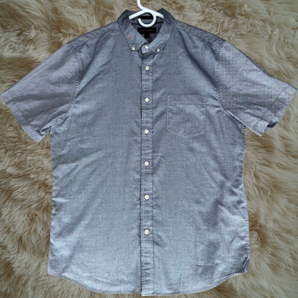 Banana Republic Shirt Mens L Blue Cotton Slim Fit Short Sleeve Button-Up Casual Pinpoint, Men's