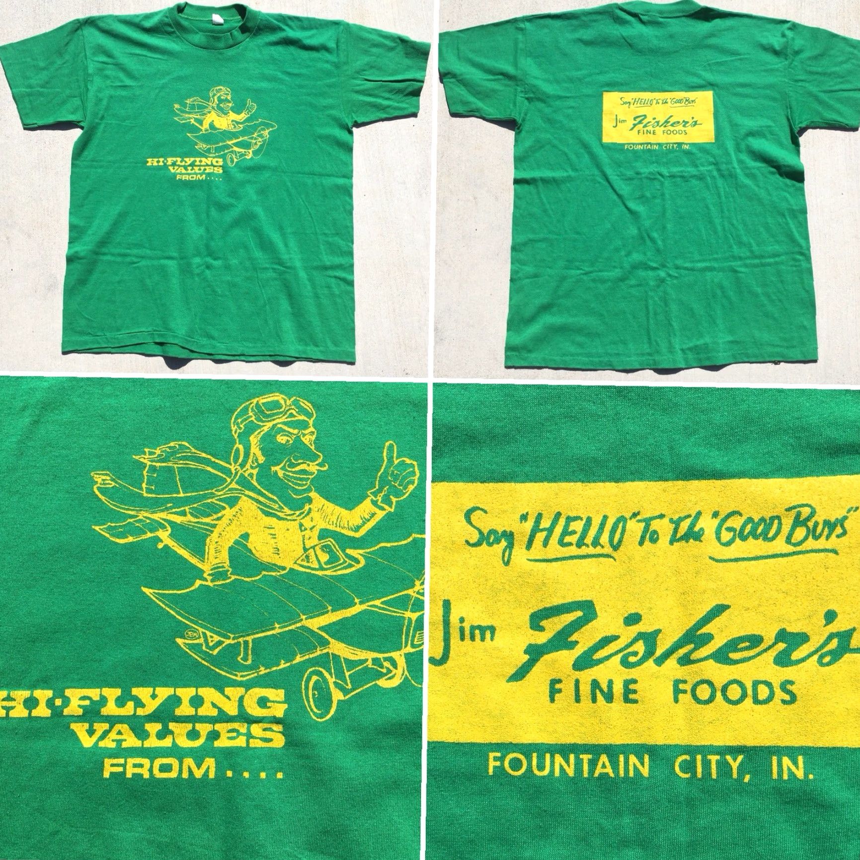 Vintage VINTAGE WPL 7190 T Shirt Men XL Green HI FLYING Jim Fisker’s Fine Foods Fountain City IN Graphic Tee Sportswear/Beach Size US XL / EU 56 / 4 - 4 Thumbnail