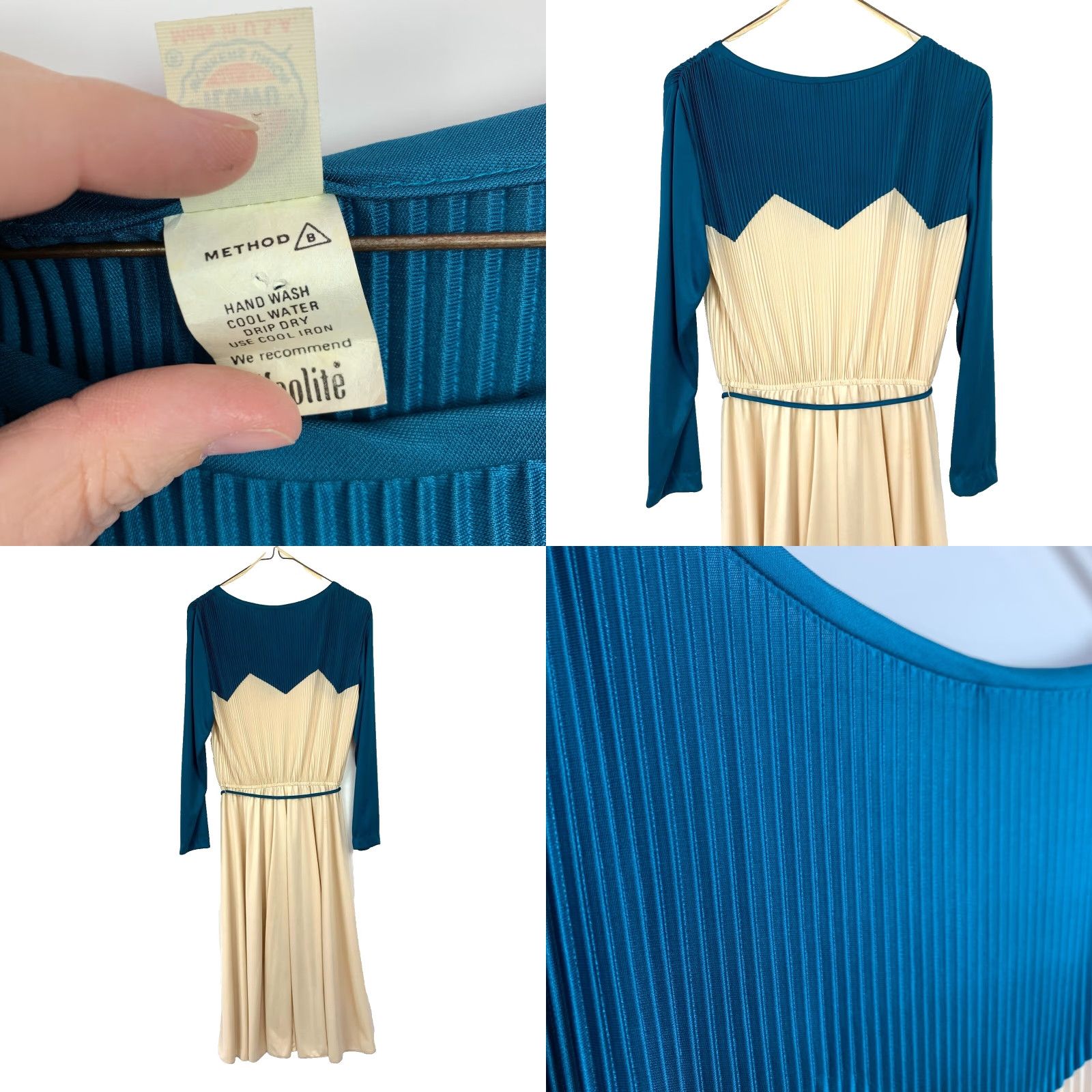 Vintage VINTAGE Union Made 70s Pleated Chevron Fit & Flare Evening Dress Size 13 Cream Teal Size XL / US 12-14 / IT 48-50 - 8 Thumbnail