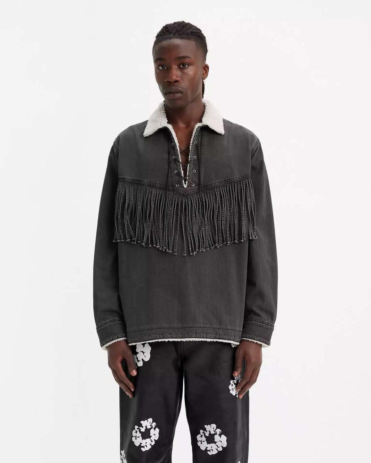 DENIM TEARS × Levi's New Motorcycle/Western Black Faded Denim Sherpa Pullover Size US XL / EU 56 / 4 - 1 Thumbnail
