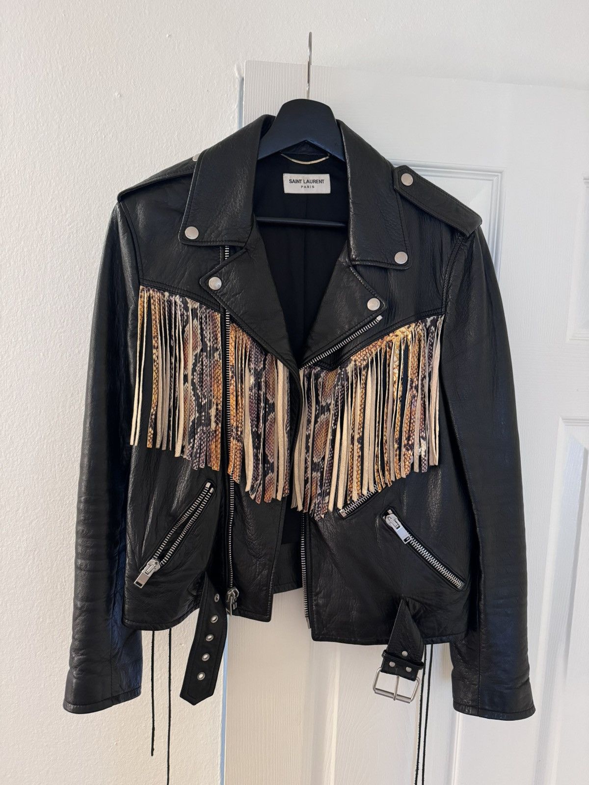 image of Saint Laurent Paris Slp Leather Biker Fringe Jacket in Black, Men's (Size XS)