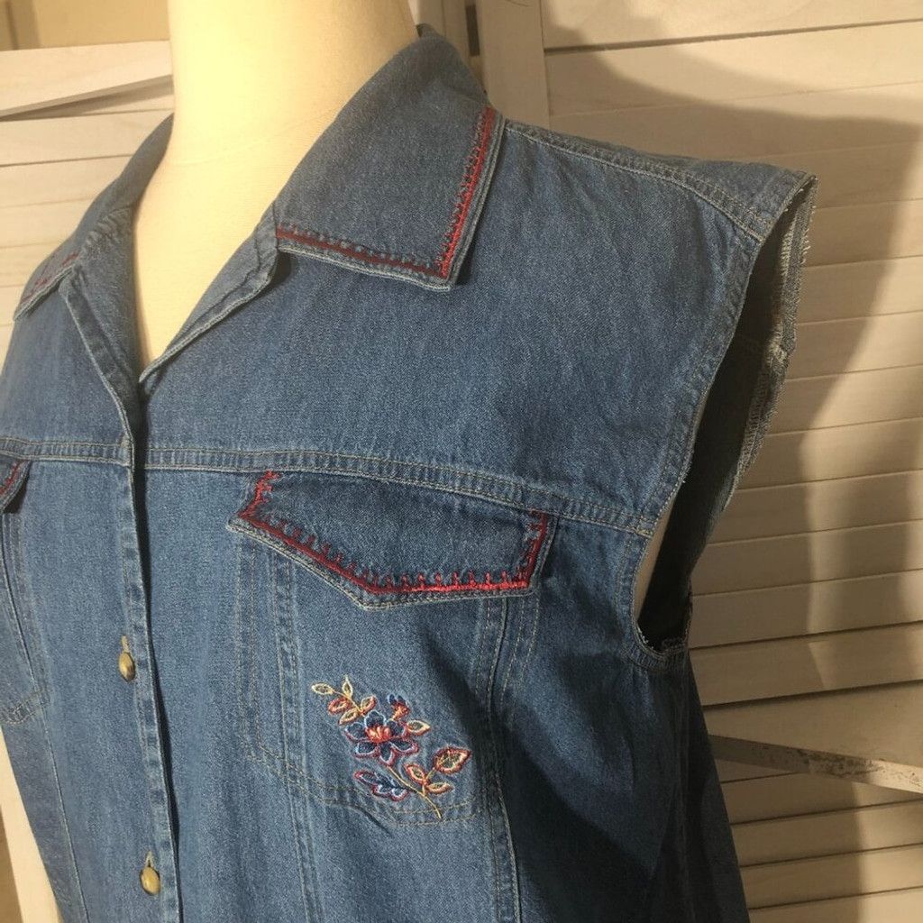 Vintage 90s Y2K jeans vest embroidered blue floral cottagecore 2X Size XL / US 12-14 / IT 48-50 - 10 Thumbnail