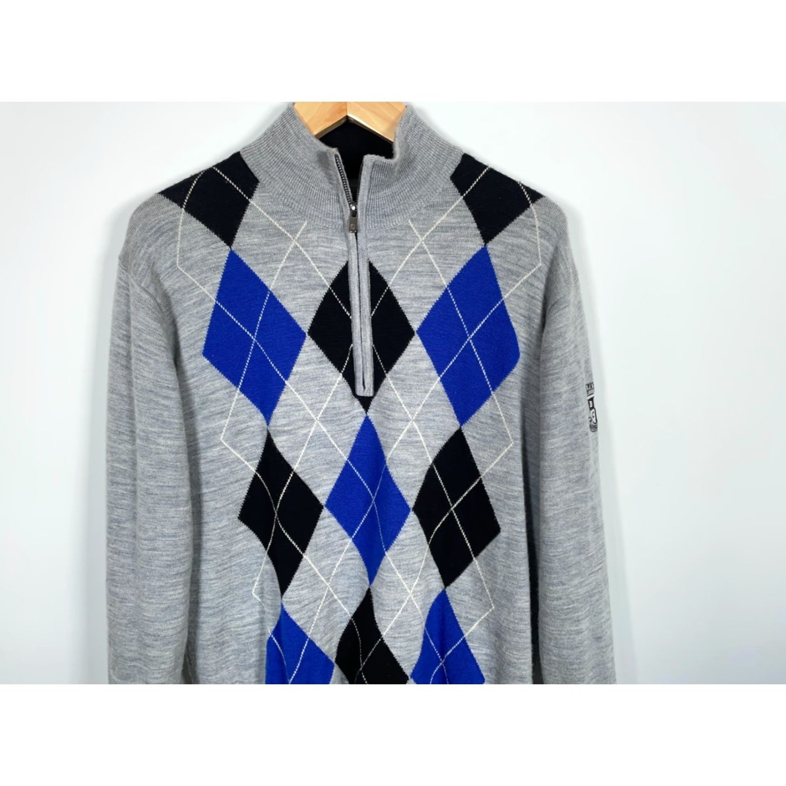 Footjoy FootJoy Wool Sweater FootJoy 1/4-Zip Lined Wool Gray Argyle Pattern Men's Large Pullover Knit Mock Neck 1/4 Zip Fall Winter Spring Casual Preppy Style Size US L / EU 52-54 / 3 - 4 Thumbnail