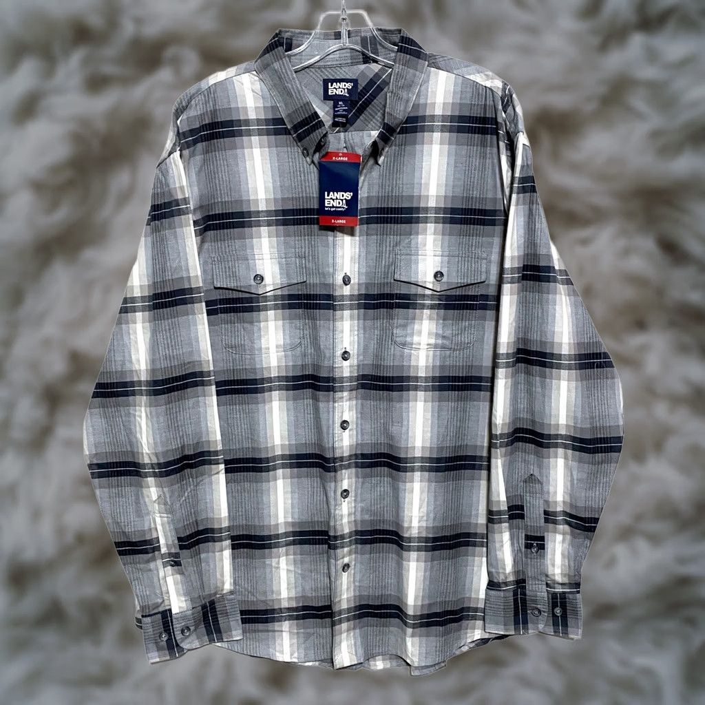 Lands' End Lands End Shirt Mens XL Gray Plaid Traditional Button Classic Pockets Flap NWT Size US XL / EU 56 / 4 - 1 Thumbnail