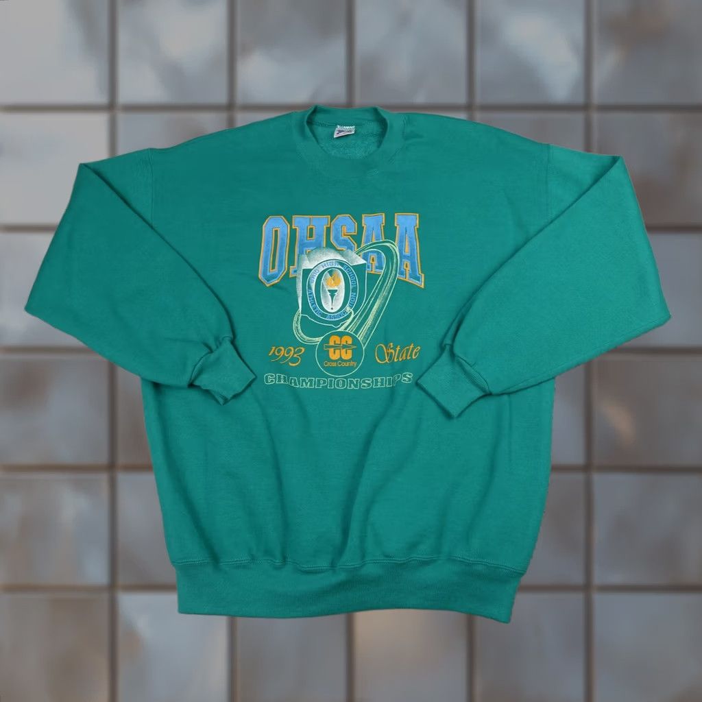 Jerzees VINTAGE Jerzees Sweatshirt Mens XL 1993 State Cross Country Championships Green 90s Cotton Polyester Fleece Graphic Print Pullover Crew Neck Ragged? Size US XL / EU 56 / 4 - 1 Thumbnail