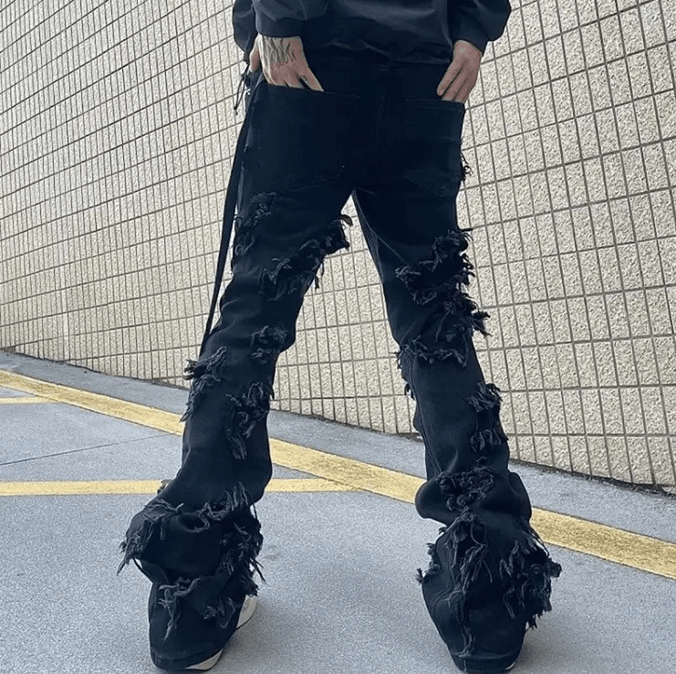Japanese Brand High Street Ripped Tassel Frayed Black Flare Jeans Pant Size US 32 / EU 48 - 2 Thumbnail
