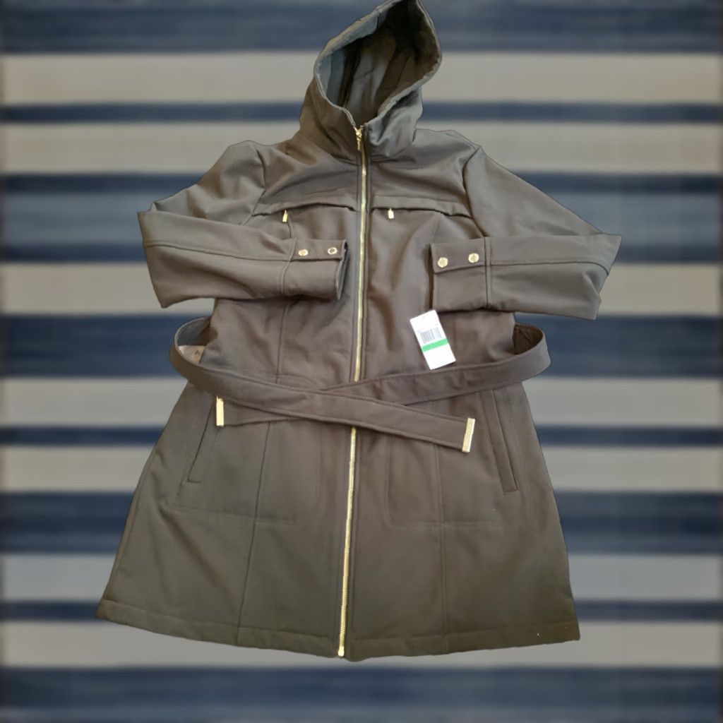 Michael Kors NWT Michael Kors Womens Coat Hooded Anorak Bark Green Mid-Length Zip Snap Belt Logo Size L / US 10 / IT 46 - 1 Thumbnail
